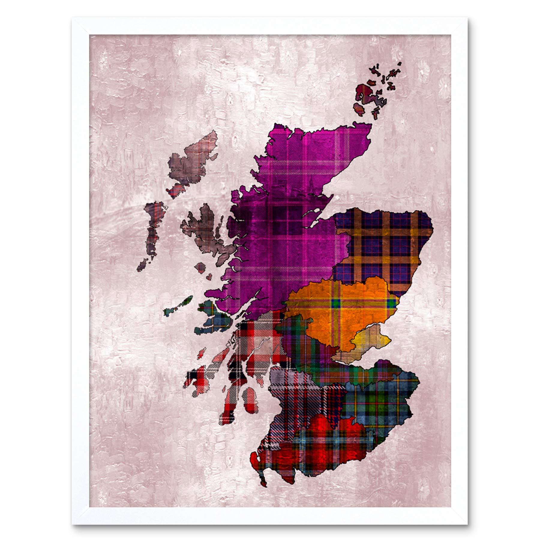 Wee Blue Coo Scotland Map Tartan Regions Art Print Framed Poster Wall Decor 12x16 inch