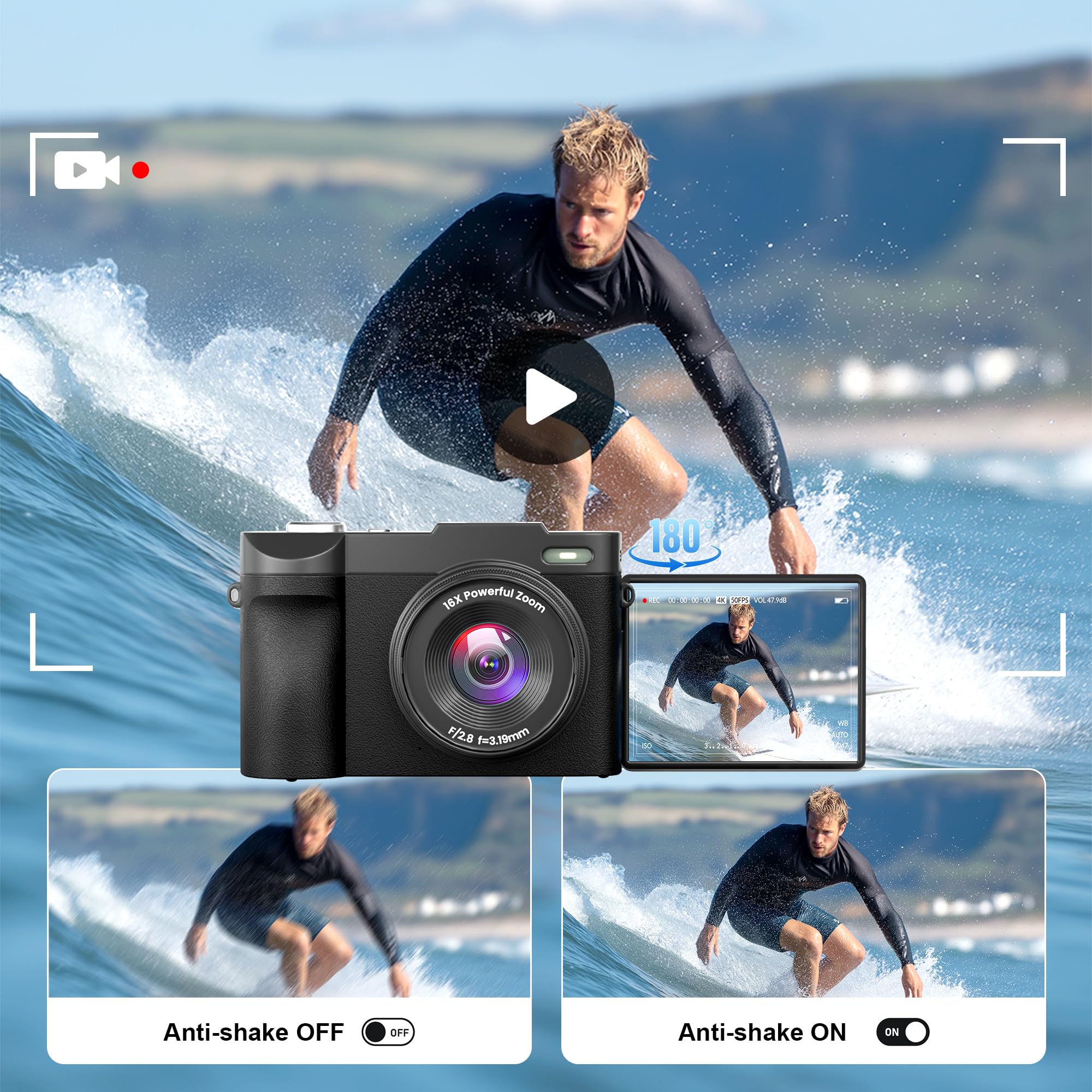 Fotocamera digitale 4K per la fotografia con messa a fuoco automatica, fotocamera da 50 MP con autofocus Vlogging da 2,8 pollici, 180 °, zoom 16x, fotocamere compatte con 64 GB, scheda SD e 2 batterie