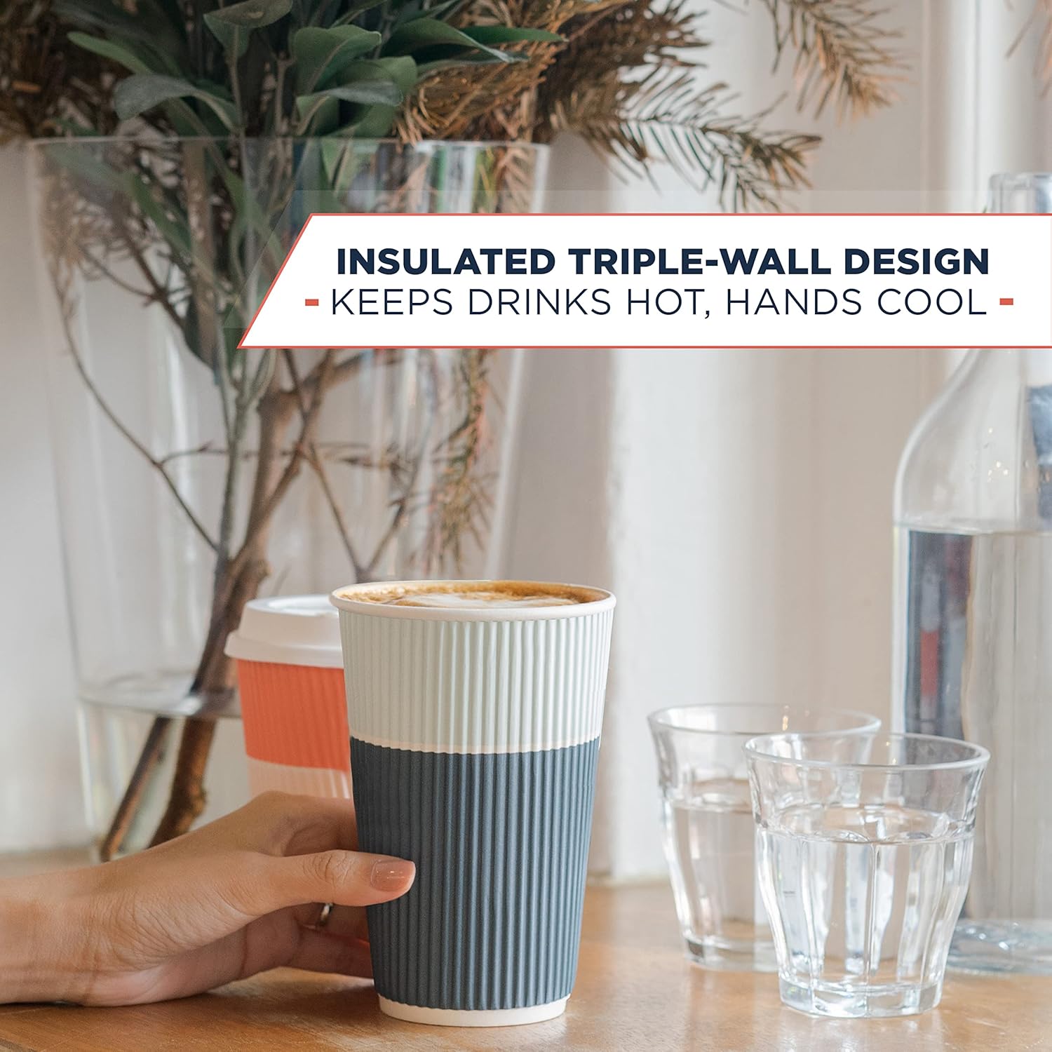 To Go Coffee Cups With Lids - 22 oz Disposable Coffee Cup With Lid. Large Togo Travel Paper Ripple Hot Cups Insulated For Hot, Cold Beverage Drinks, No Sleeves Needed (50, Ocean Blue) - Image 3