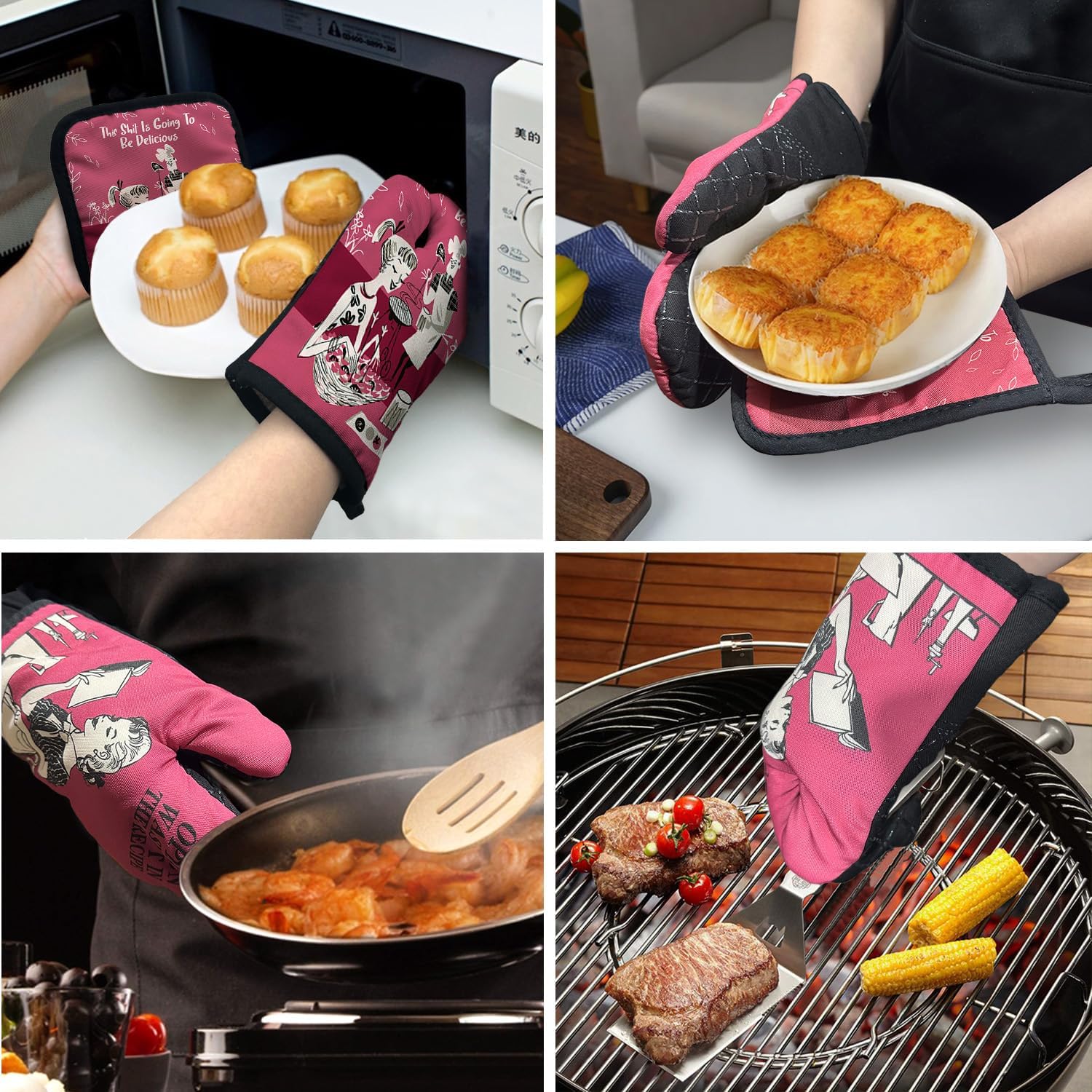 ZHANTUONE This Sxxt is Going to be Delicious Funny Heat Resistant Oven Mitts and Pot Holders Set with Silicone Non-Slip, Retro Adult Humor Cooking Baking BBQ Gadgets, Gifts for Chef Bakers Wife BFF - Image 5