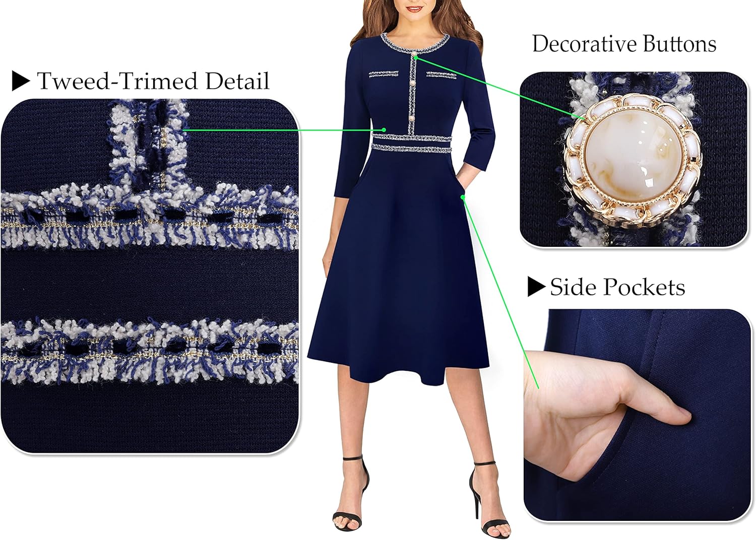 VFSHOW Womens Buttons Pockets Office Business A-Line Dresses 3/4 Sleeves Work Crew Neck Tweed Trim Fit and Flare Swing Dress - Image 5