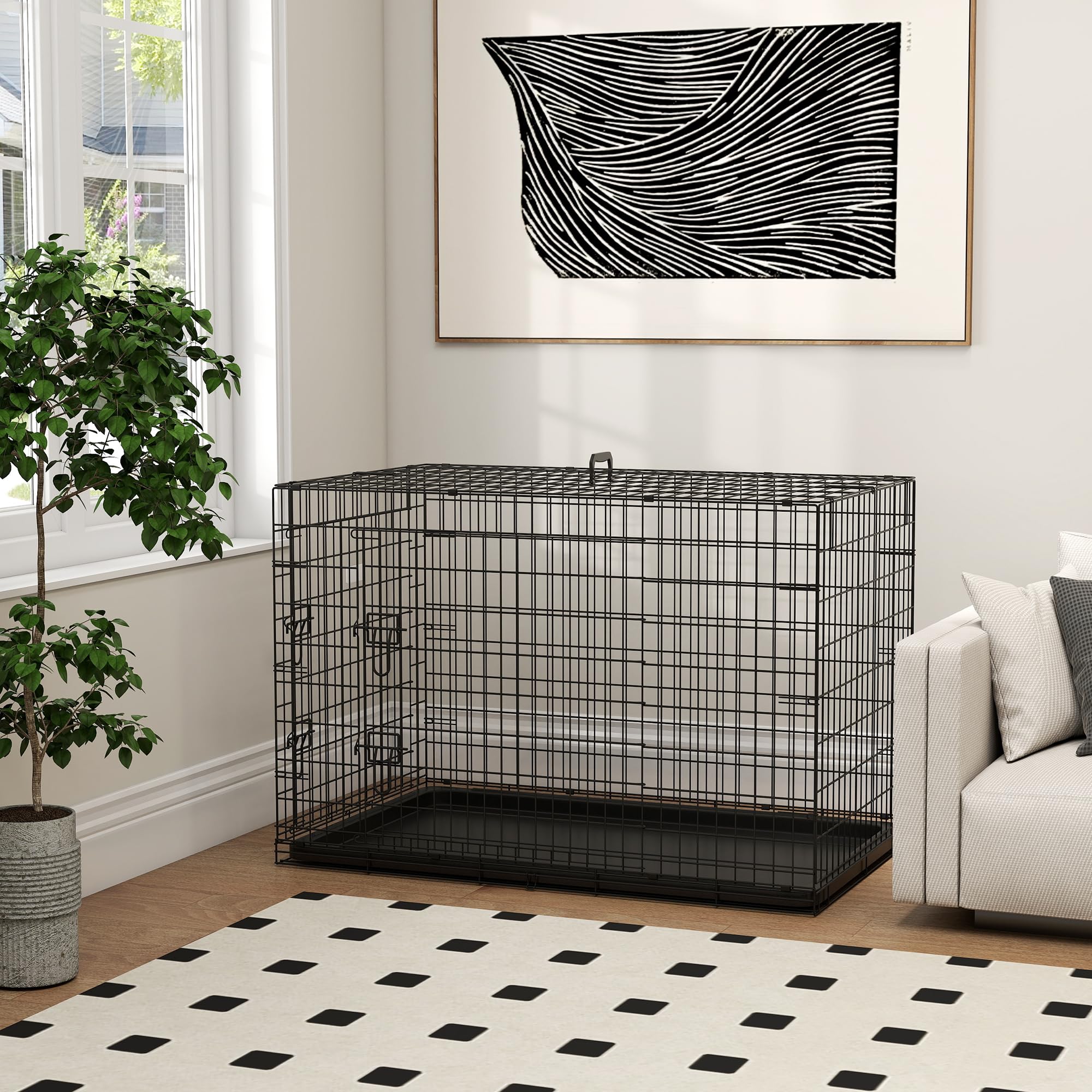 PawHut Transportín de Perro de 2 Puertas Jaula de Alambre para Perros Plegable con Asa Acero 106x71x76cm Negro