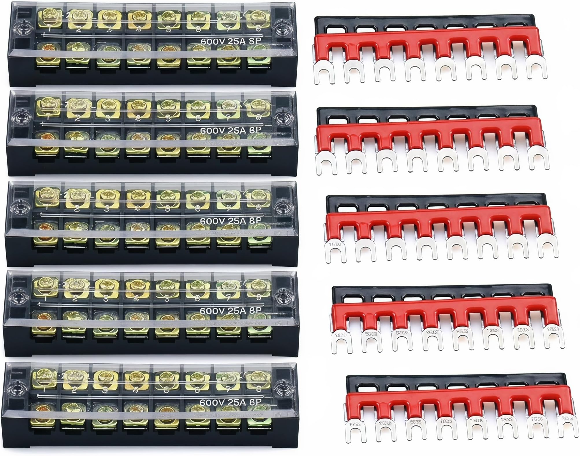URBEST Terminal Block Barrier Strip 5Pack Dual Row 600V 25A 8 Position Screw Block and 10Pack 8 Postion Pre-Insulated Fork Terminal Strip Black/Red 400V 25A
