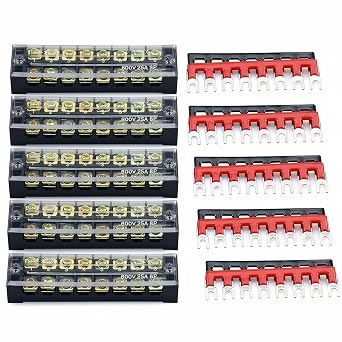 URBEST Terminal Block Barrier Strip 5Pack Dual Row 600V 25A 8 Position Screw Block and 10Pack 8 Postion Pre-Insulated Fork Terminal Strip Black/Red 400V 25A