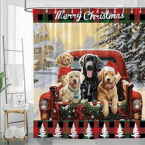 Miniatura 5 de Cortina de ducha de animales de Navidad, camión rojo, llevando perro con sombrero de Papá Noel y búfalo a cuadros, divertida granja, vida silvestre,