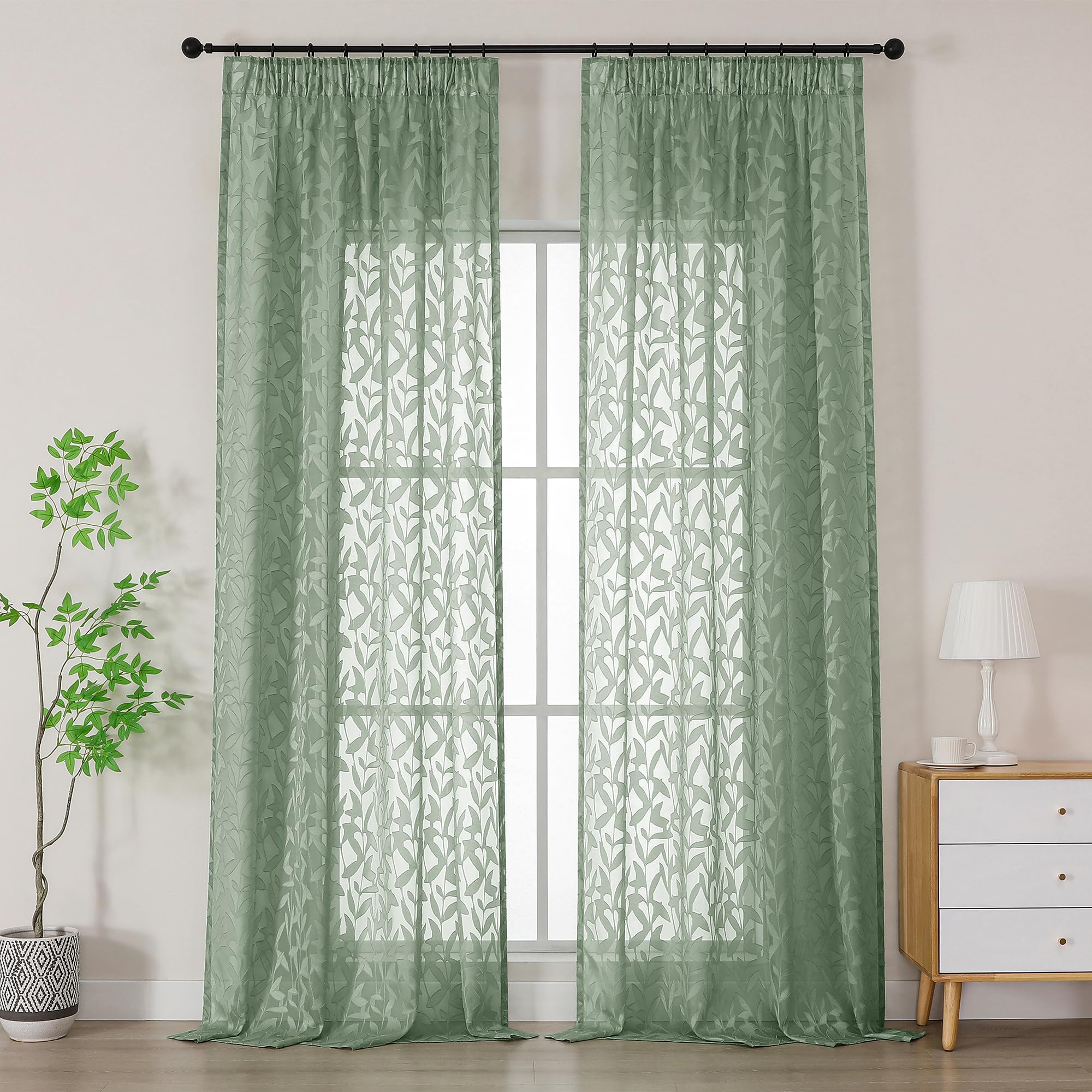 Simplebrand Sage Green Textured Sheer Curtains 2 Panels W140 x L245cm, Leaf Clip Jacquard Voile Curtains, Pencil Pleat Semi-Sheer Window Drapes for Patio Sliding Doors Large Windows Home Decor
