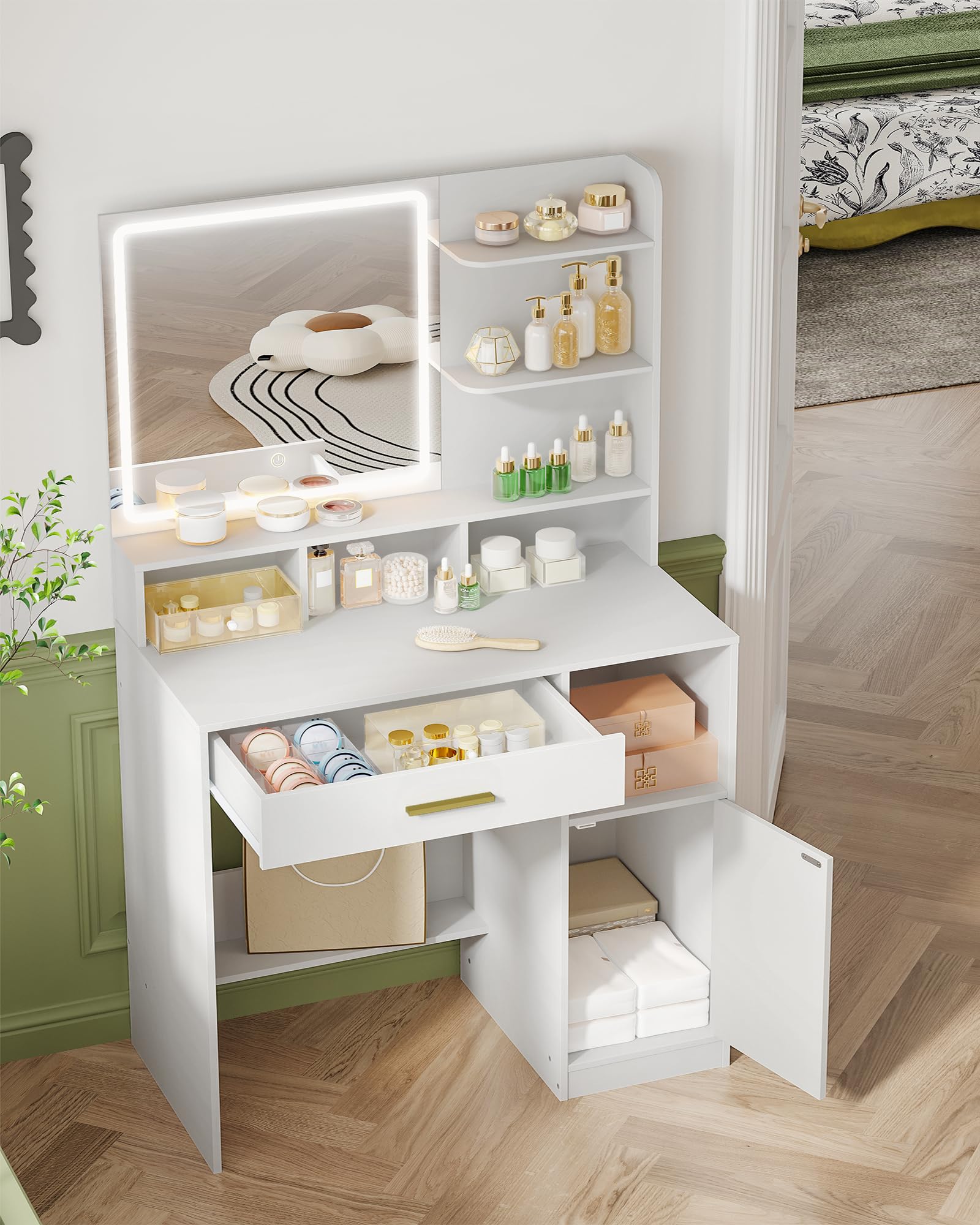 Hzuaneri Toeletta da Trucco, Luminosità Regolabile,Tavolo da Trucco con Specchio Grande, ampio cassetto e armadietto, Durevole e stabile, Moderno, Bianco DT42103XEU