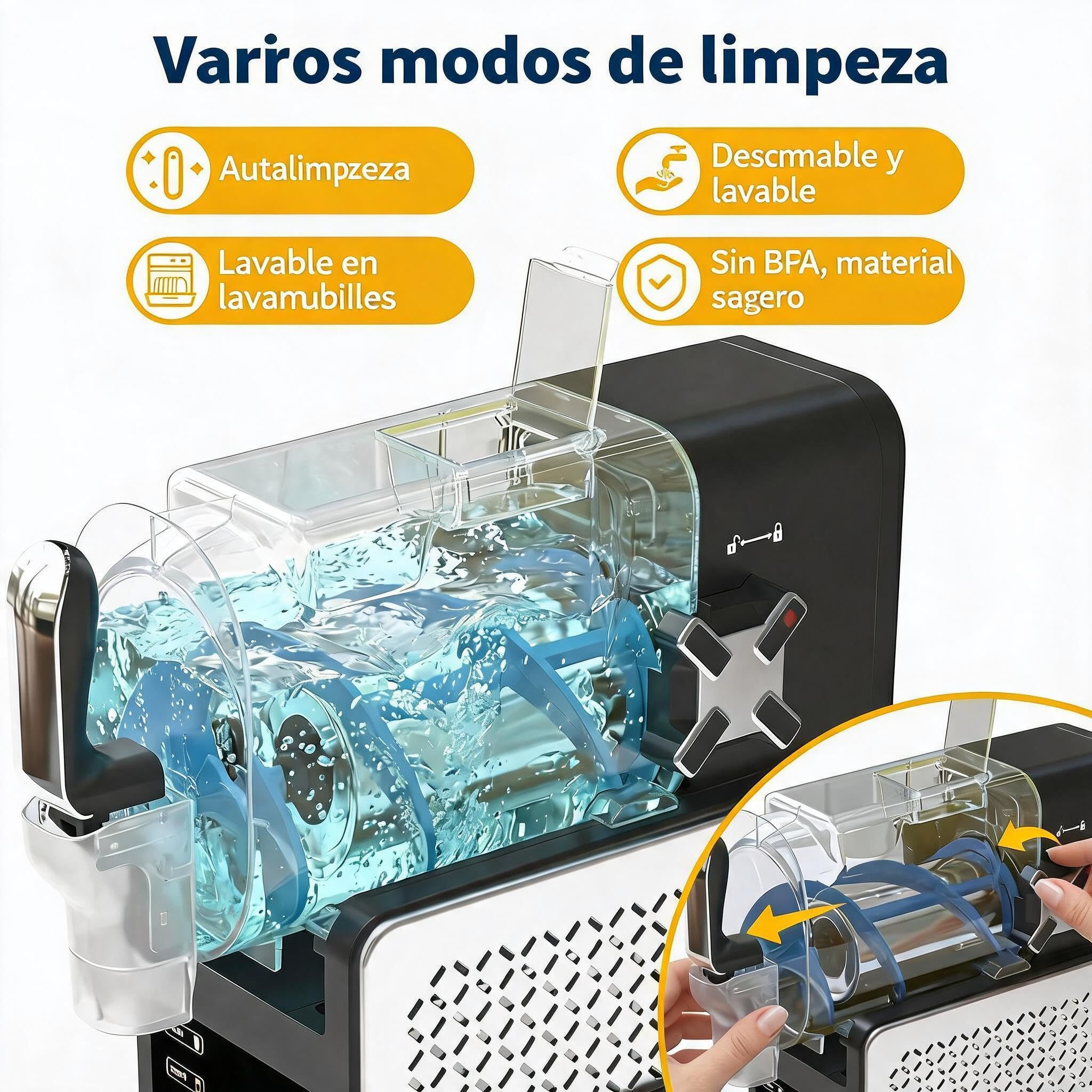 Máquina de granizados 1,9L - 5 programas automáticos - Pantalla LED - 200W, 120V/60Hz - Autolimpieza y bandeja de goteo 400ml - Funcionamiento silencioso (<45dB) - Mantiene bebidas frías hasta