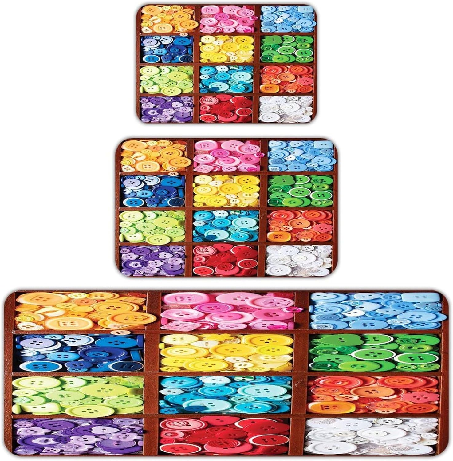 Colorful Buttons Kitchen Mats Soft Absorbent Rugs for Floor Non Slip Washable Kitchen Mats Fashion Rectangular Rugs for Three-Piece Set for Laundry Office Home Sink