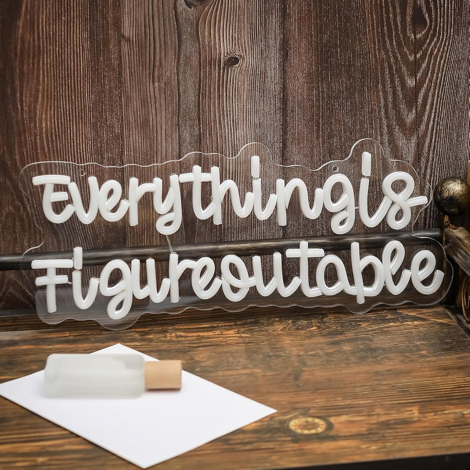 Everything is Figureoutable Neon Sign, Inspirational LED Decorations for Home Office School Room Desk Wall Art Decor,Reusable Acrylic White Neon Lights Gift for Woman, Man