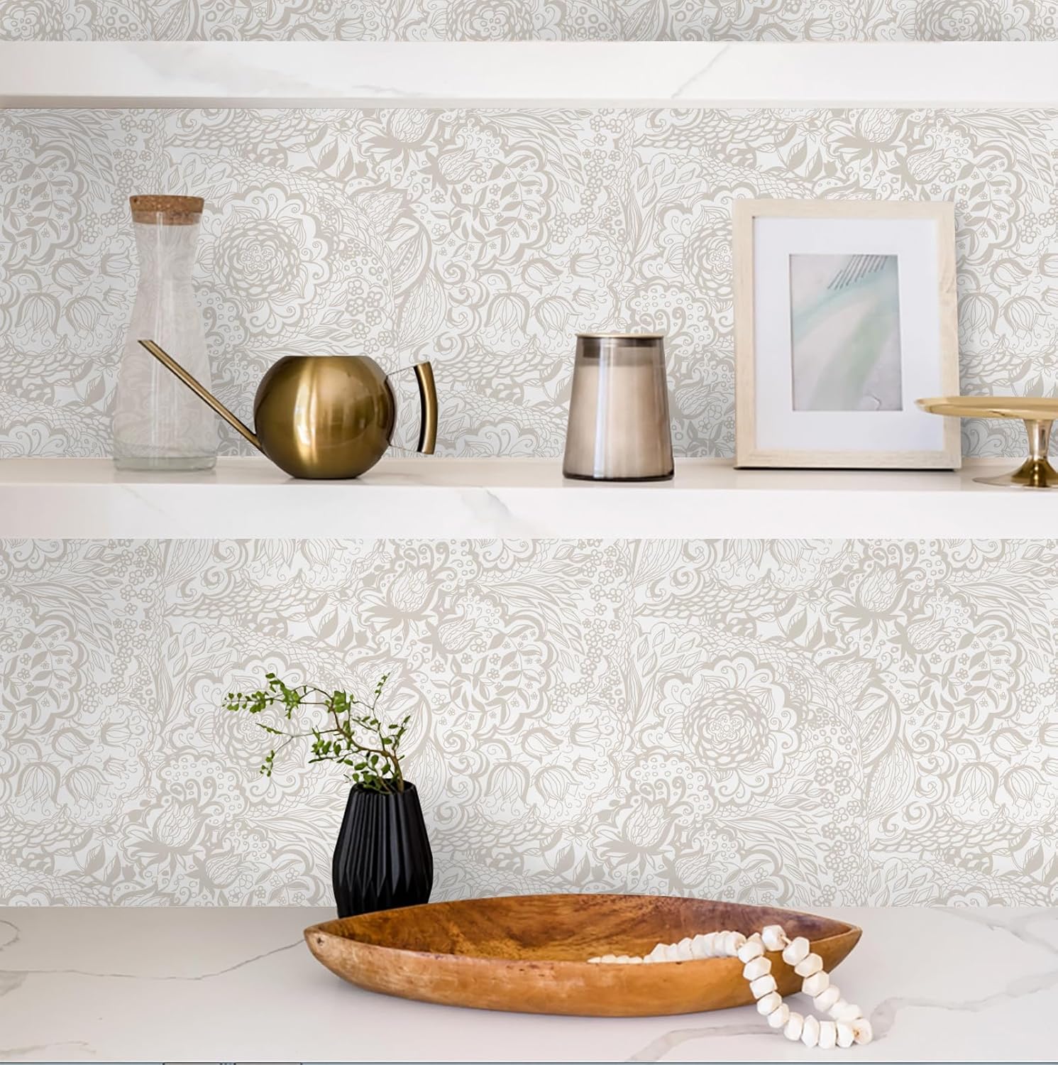 Peel and Stick Wallpaper Boho Grey Wall Paper Grey and White Floral Wallpaper for Bedroom Bathroom Removable Self-adhsive Contact Paper for Cabinets Nursery Shelf Liner 17.3" x 118"