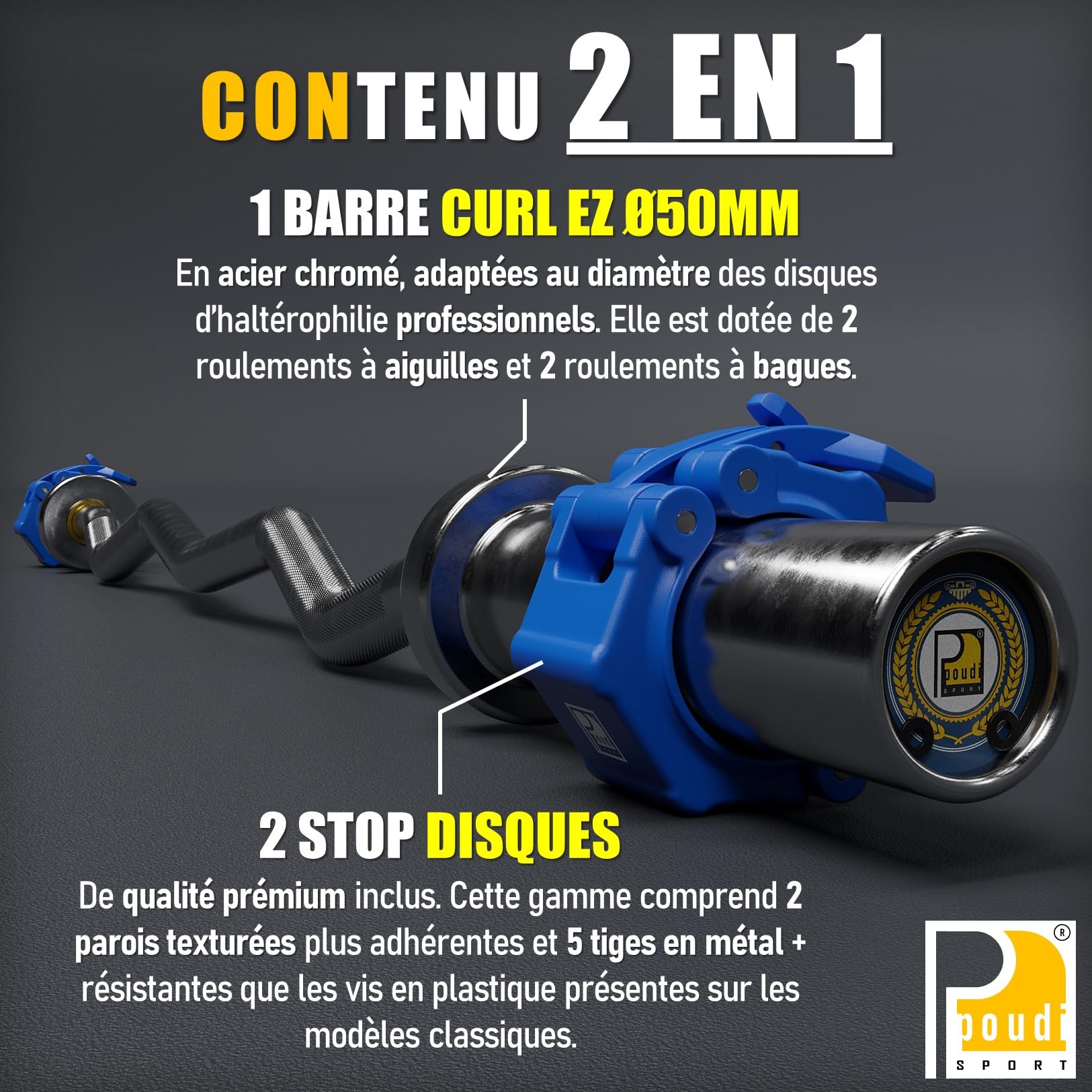 Barre curl EZ de musculation en acier chromé 120cm – 10kg | Charge max : 182kg | Ø 50mm | 2 colliers de serrage inclus