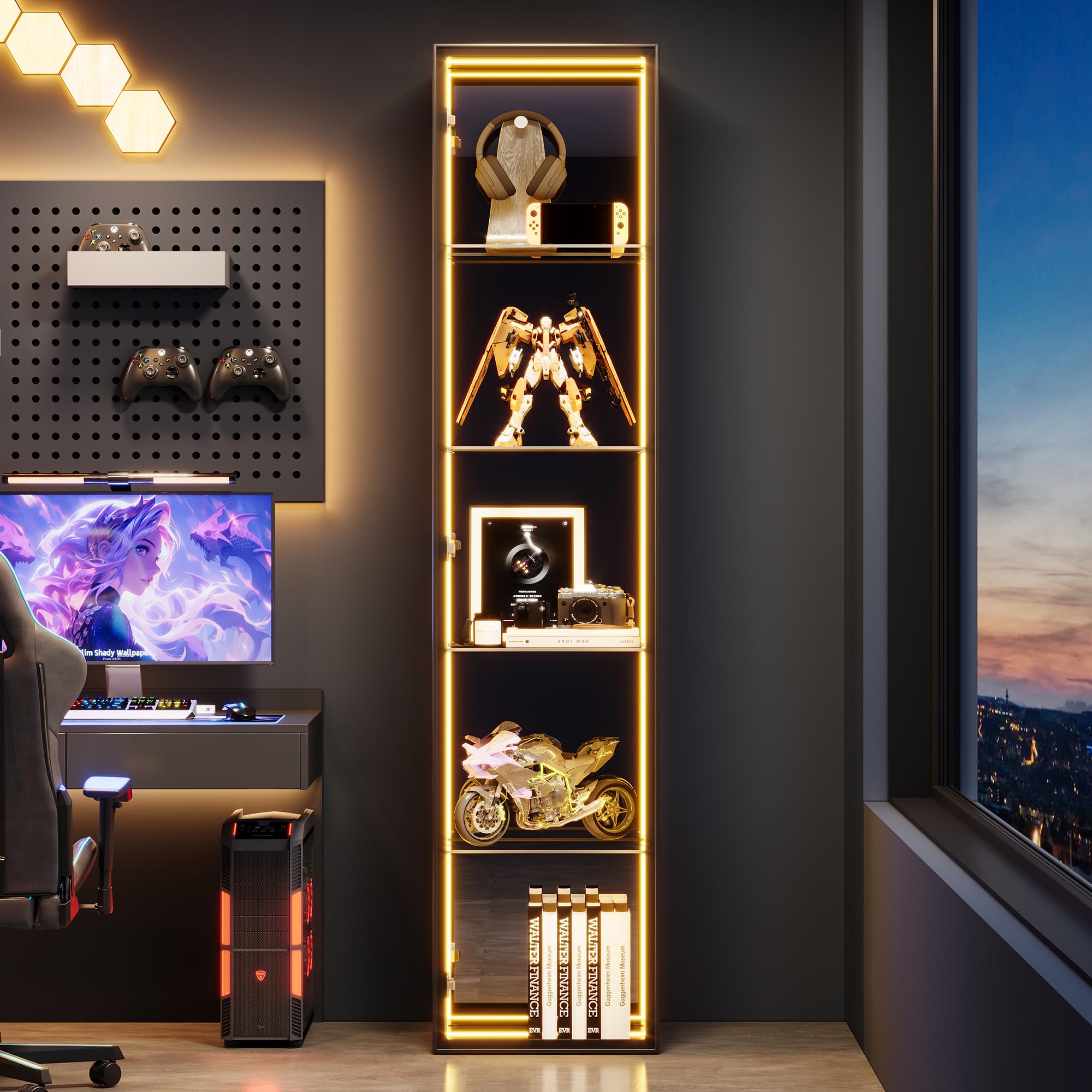 BTM Glasvitrine mit LED Beleuchtung, Aluminiumrahmentür Vitrinenschrank Stehend Wohnzimmer Vitrine Schmal Schwarz 5 Fächer