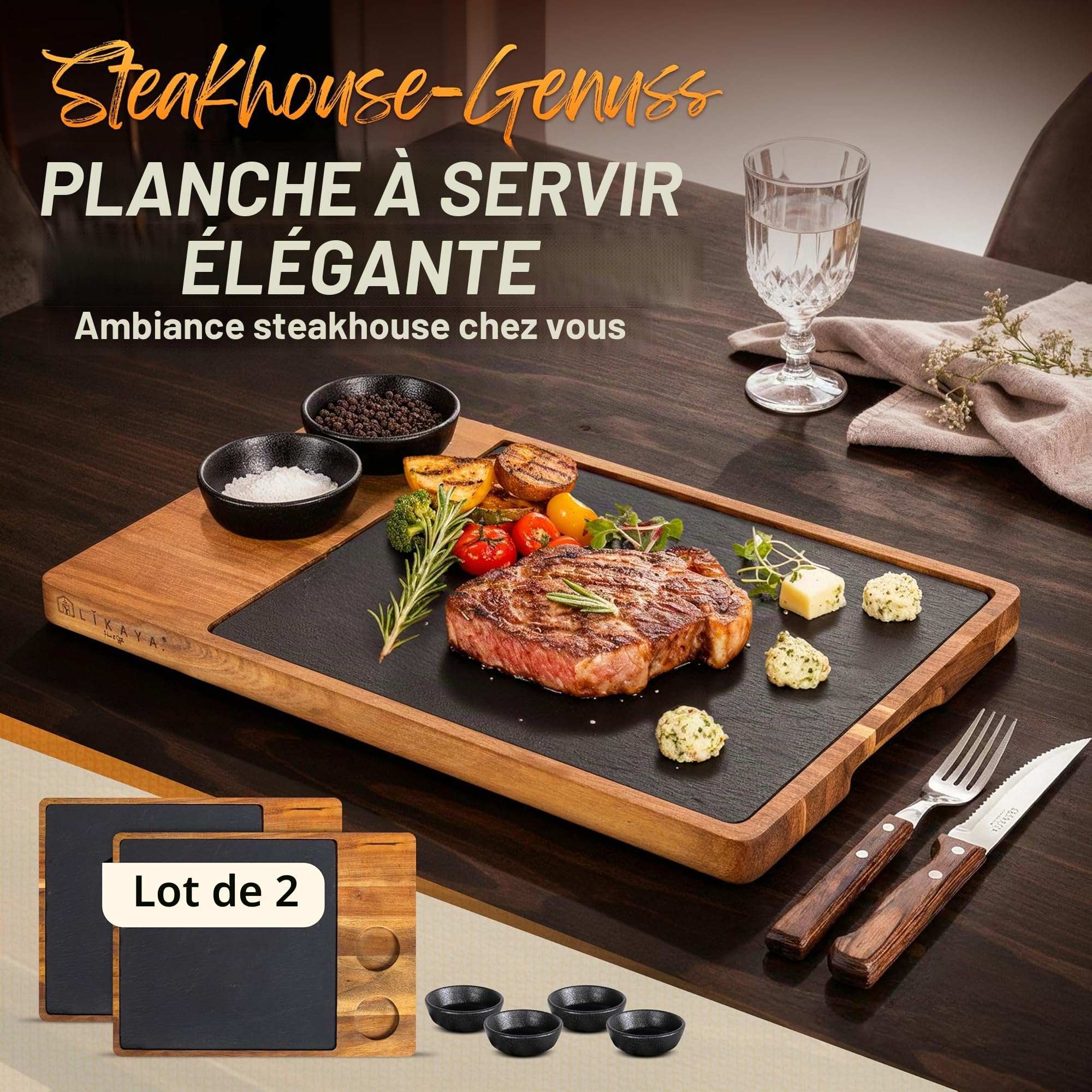LIKAYA® Lot de 2 planches de service XXL « Domingo » en bois d'acacia FSC® avec plateau en ardoise et bols à sauce, planche à barbecue et accessoires pour steak, hamburgers