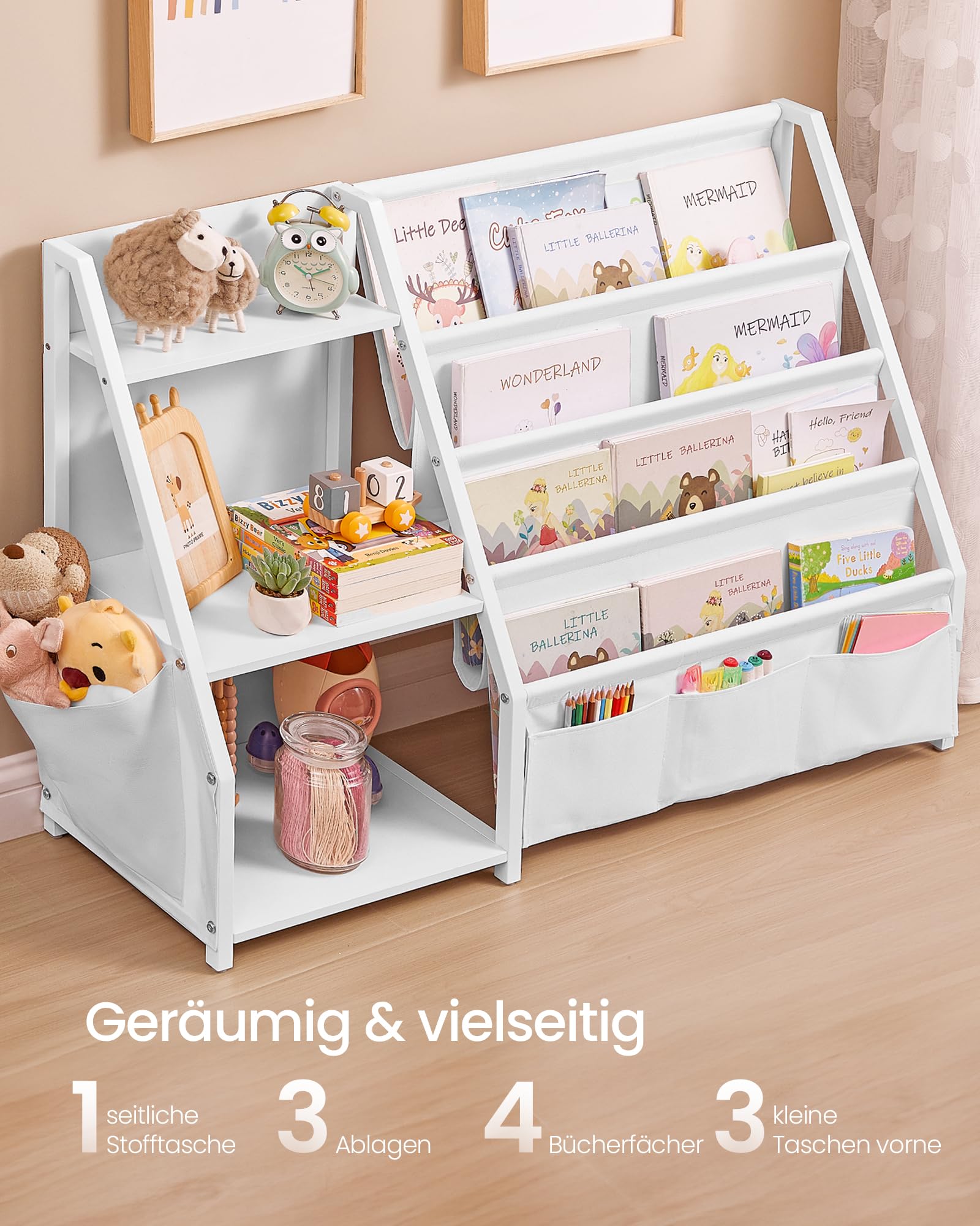 SONGMICS Bücherregal Kinder, Kinderregal, Spielzeugregal, Bücher-Organizer, mit Seitentasche, 75 cm hoch, für Kinderzimmer, Spielzimmer, weiß GKR024W01