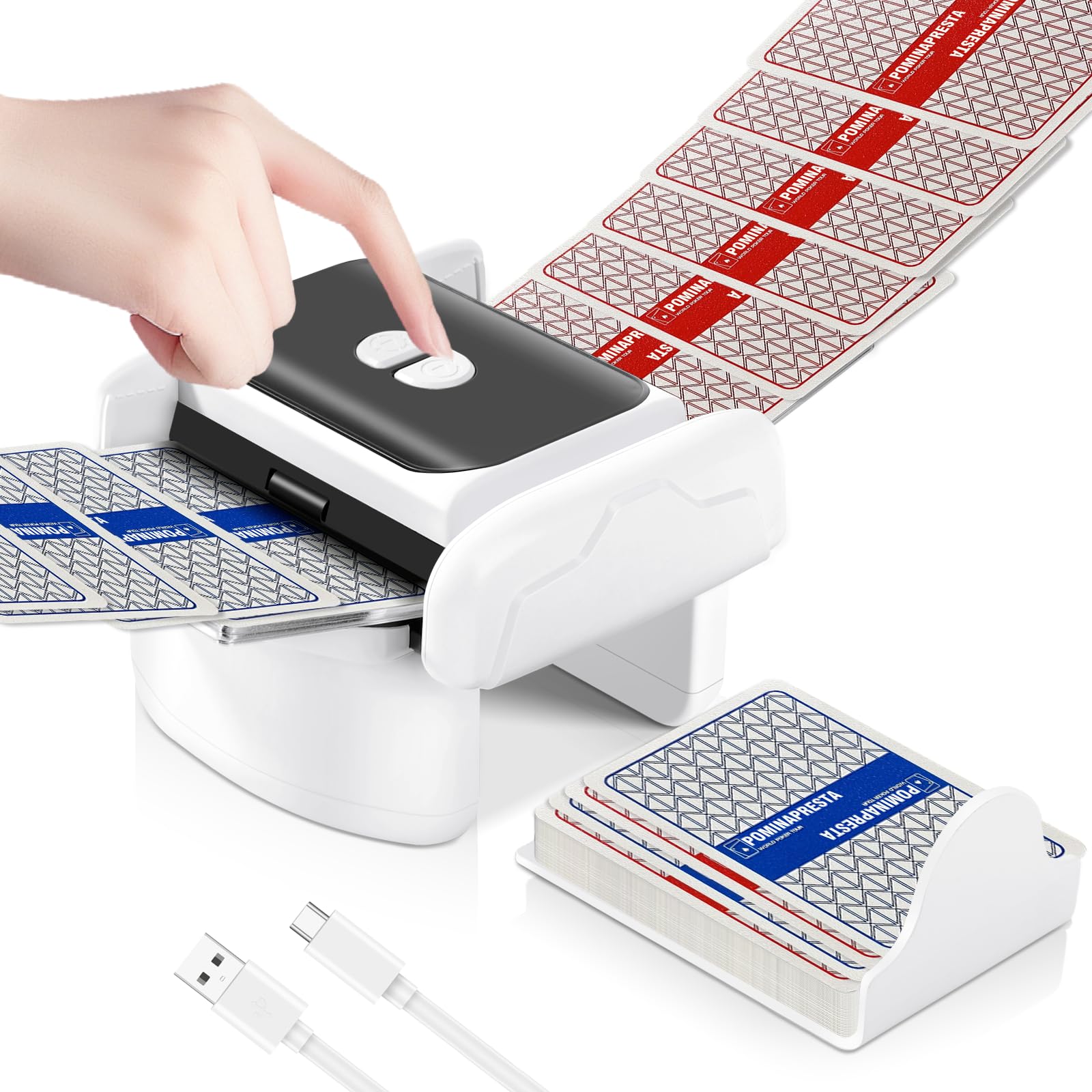 PominaPresta Rechargeable Card Shuffler (1-2 Decks) - Dual Auto/Manual Mode, 65dB Quiet Electric Shuffler for Poker, UNO, Mahjong Tiles, Blackjack -