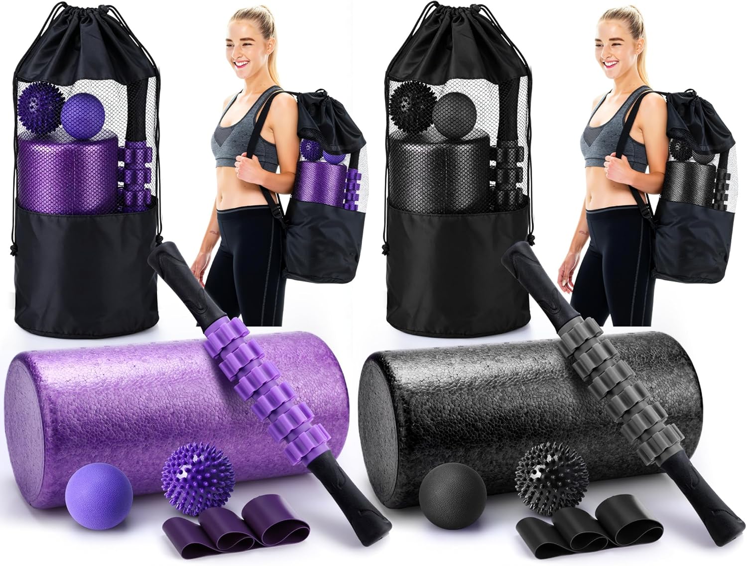 Soulchen 12 Pcs Foam Roller Set - 6 in 1 Deep Muscle Recovery Kit Includes Back Roller, Massage Ball, Muscle Stick, Fasciitis Ball, Stretch Strap & Bag for Body Physical Exercise Therapy, 2 Set