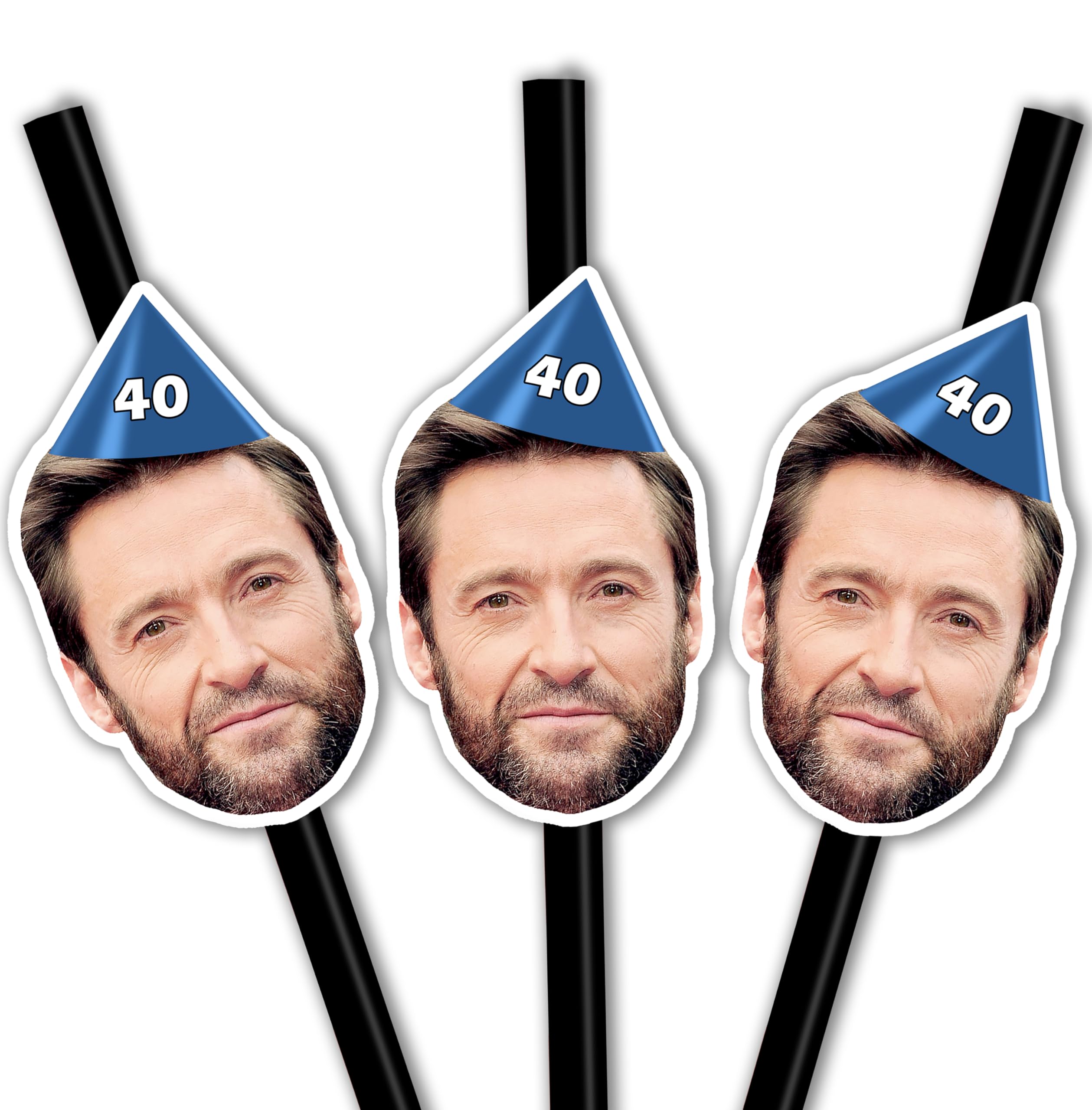 40 Personalised Photo Face Straws - Custom Cut-Outs of face of Your Choice - Optional Hat Design - Includes Fixings for You to Attach - Fun for Hen Party, Stag Do, Birthday etc (40 Straws) - Black