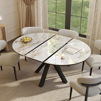 POVISON Modern Extendable Dining Table, 47" to 63" Round to Oval Sintered Stone Kitchen Table with Carbon Steel Pedestal Base for 4-6, Pandora with BlackTable Only