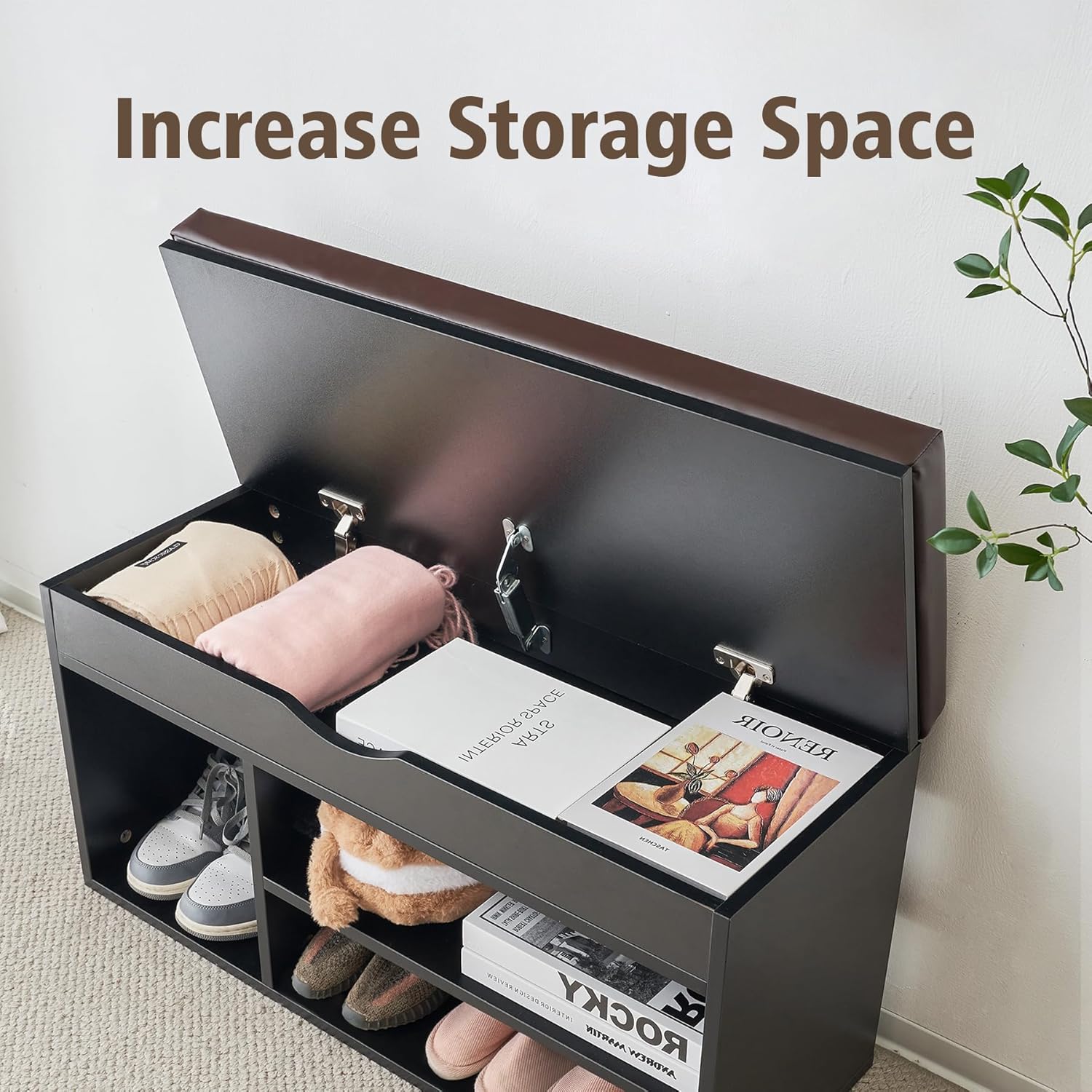 Apicizon 39 Inches Storage Bench with Padded Cushion, Shoe Bench with Storage Space, Upholstered Entryway Bench for Living Room, 2-Tier Shoe Rack Organizer, Black