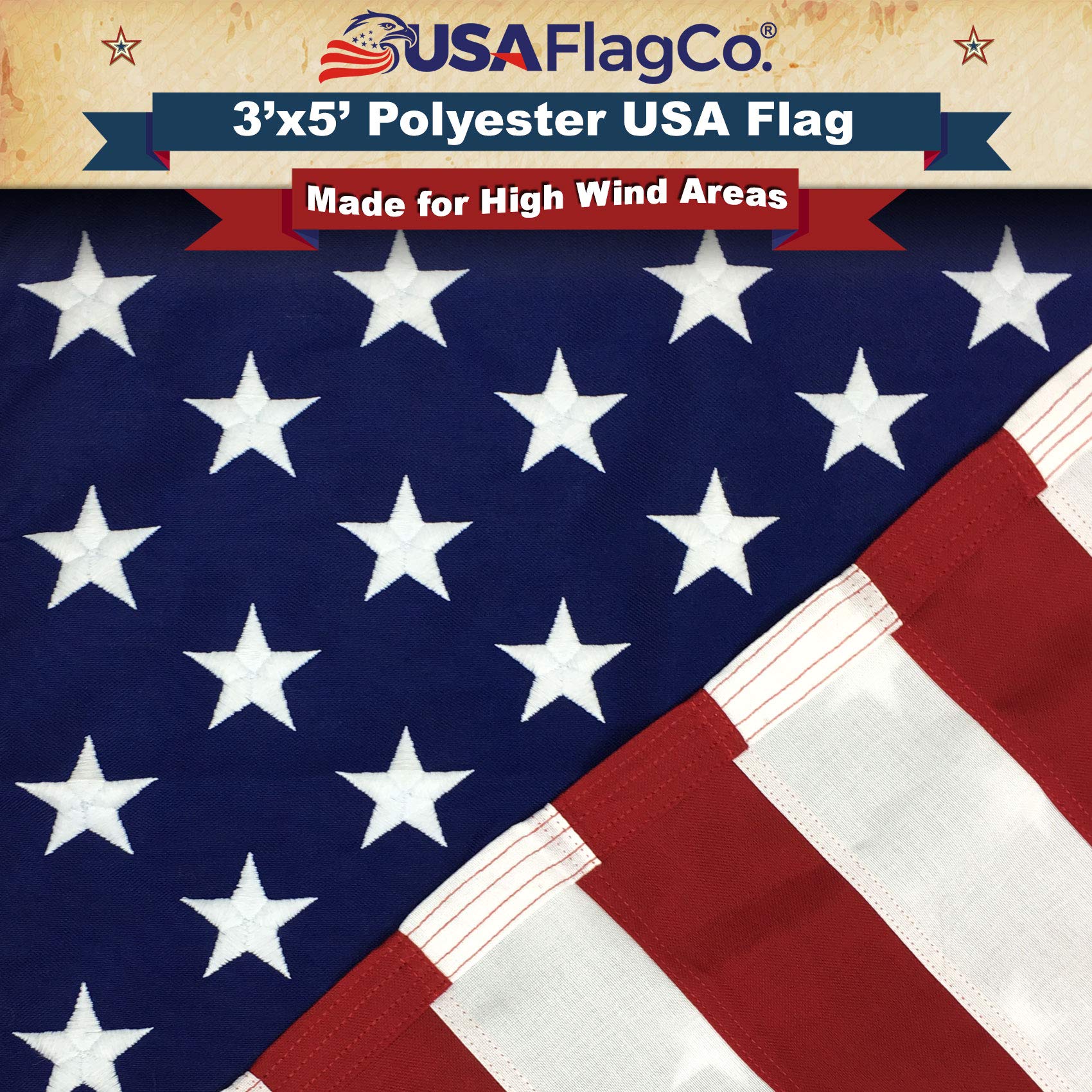 USA Flag Co. 3x5 Polyester US Flag - Embroidered Stars and Sewn Stripes withstands harsh Wind, Sun, Dirt, and Moisture Areas. Made in the USA