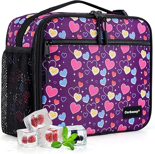 Cerbonny Bolsa de almuerzo congelable, Purple Love-P, unisex, poliéster, soporte para comidas, paquetes de gel que mantienen la comida fresca