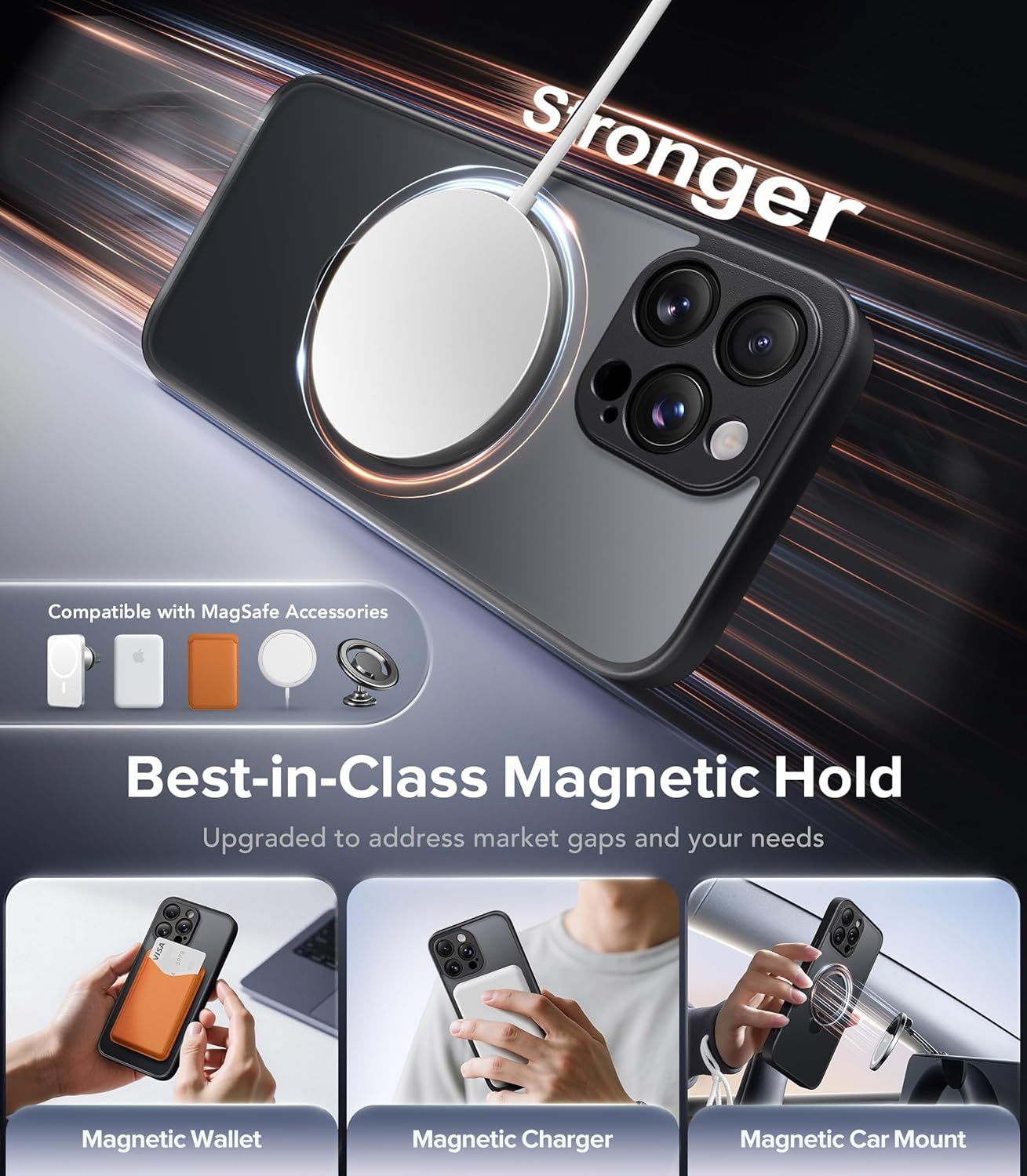 Upgraded Magnetic for iPhone 14 Pro Max Case,[Unbreakable & Magnetic Stand] [Military-Grade Protection] [Phone Case Compatible with MagSafe] Slim Translucent Matte Shockproof Phone Cover,Black - Image 4