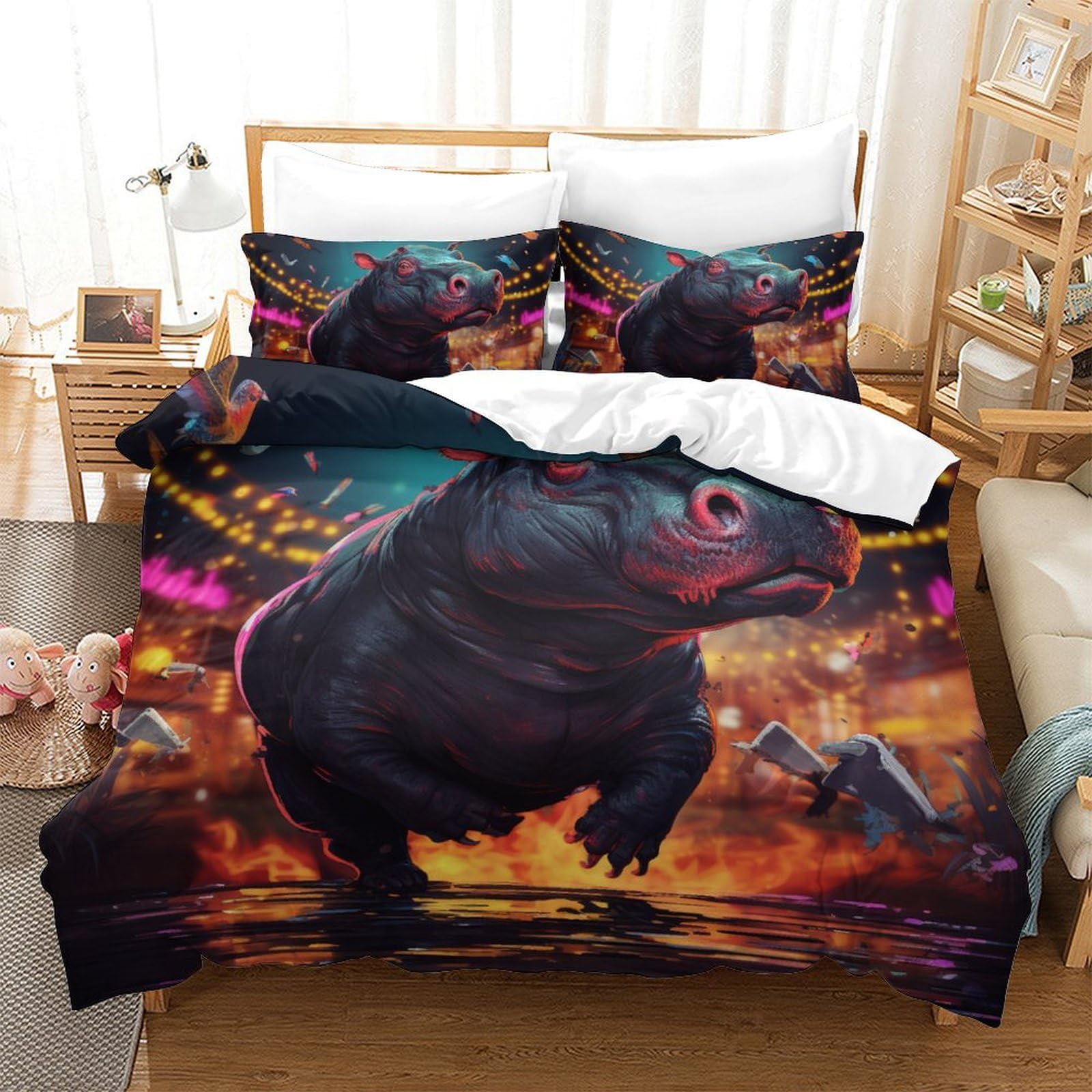 Housse de couette hippopotame 220x240 cm avec taies d'oreiller en microfibre pour lit king