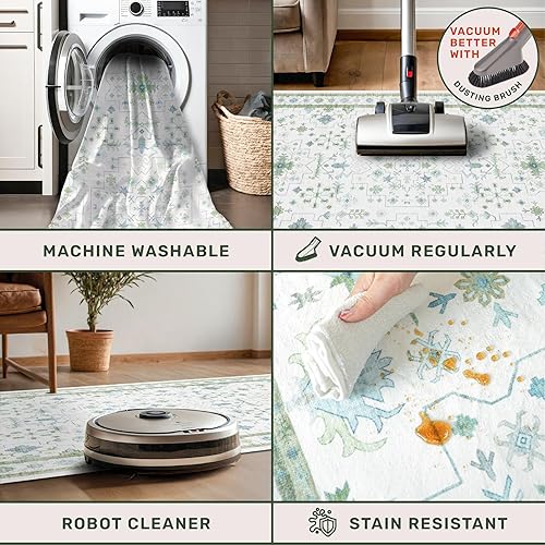 Miniatura 4 de Tapete de pasillo estilo Oushak, de época, bohemio, lavable, de pelo bajo, antideslizante, resistente a las manchas, para dormitorio y demás,