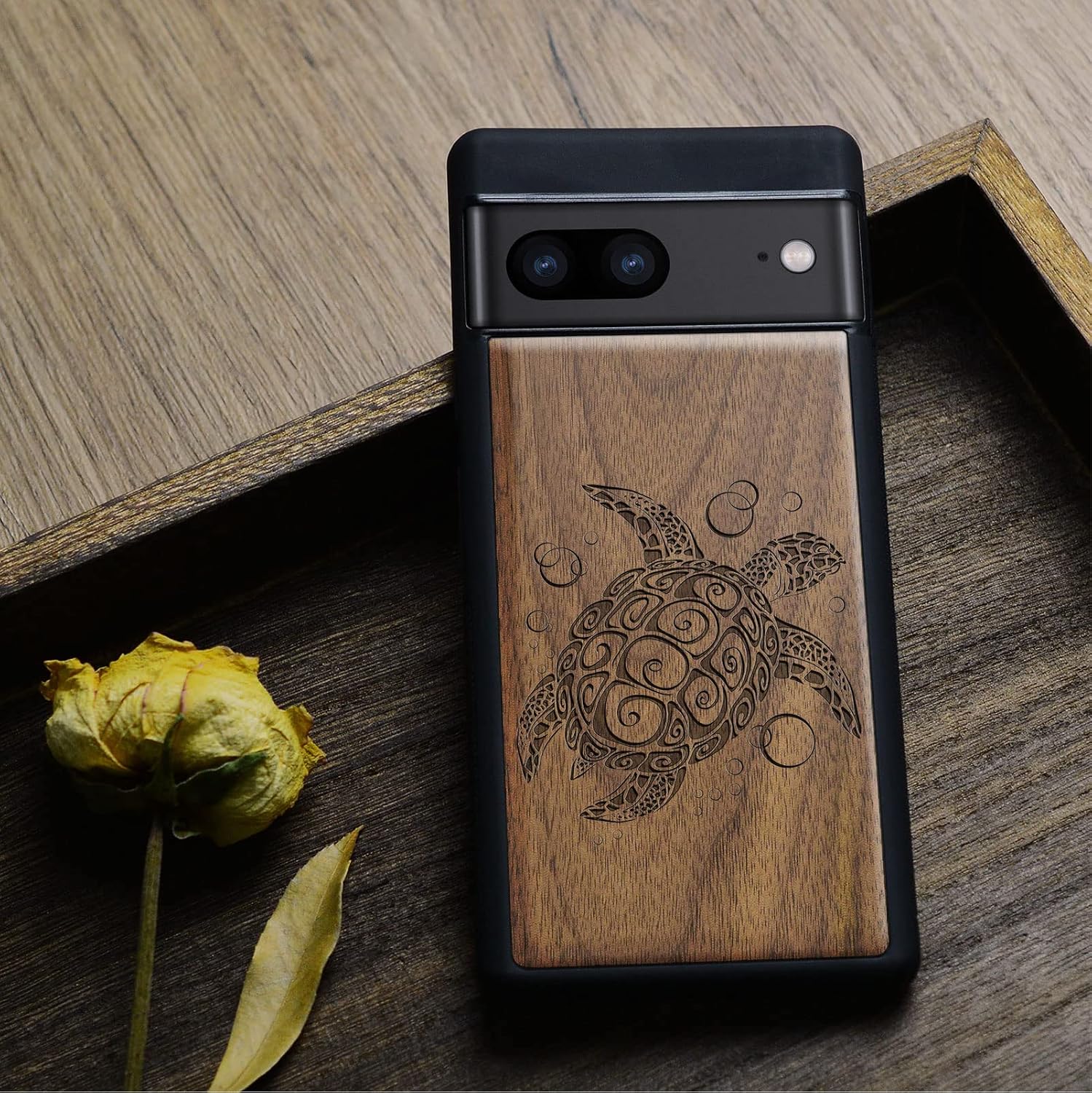 Carveit Wood Case for Pixel 7 Case [Solid Wood & Black Soft TPU] Shockproof Protective Unique Wooden Cover Compatible with Google Pixel 7 (Sea Turtle-Walnut)