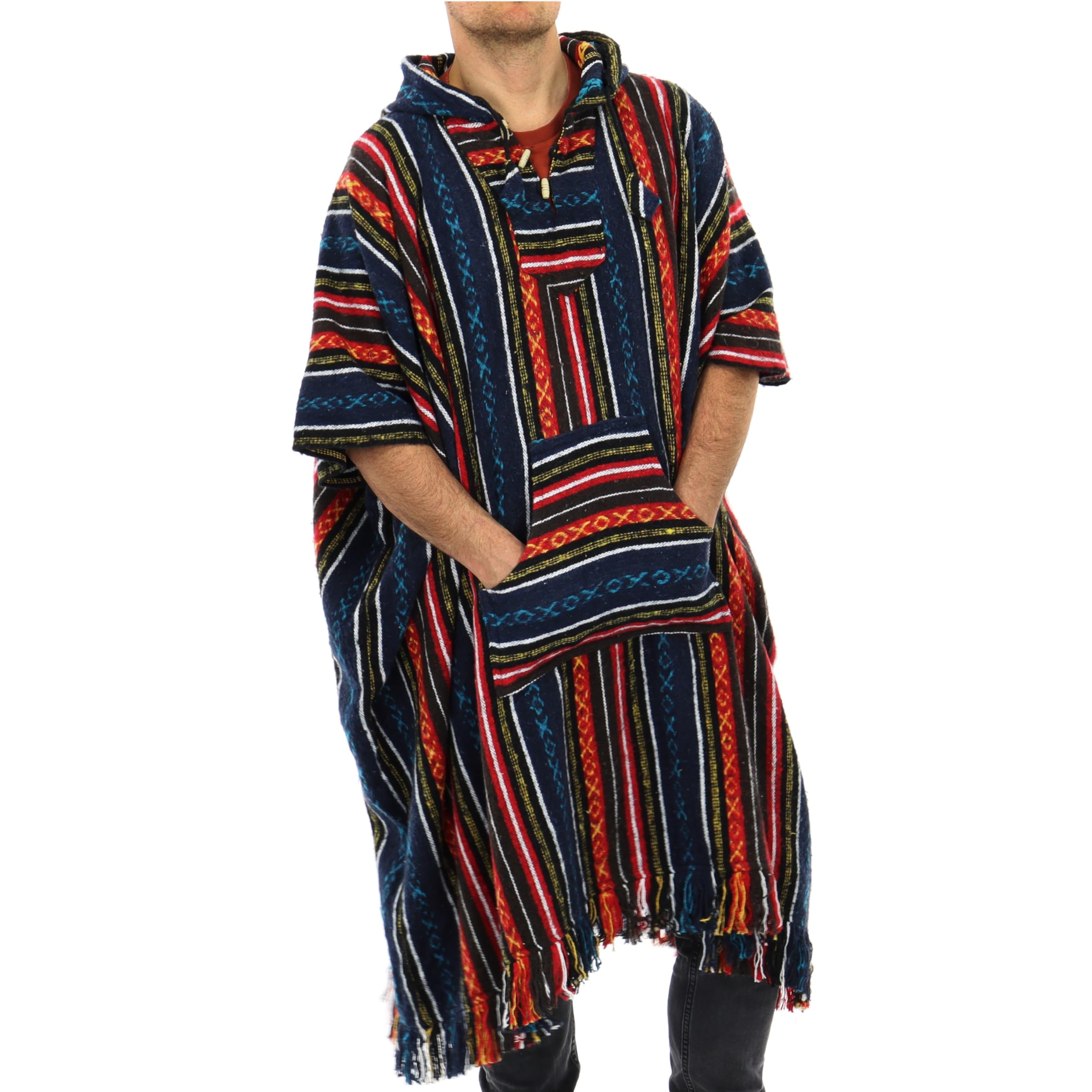 Loudelephant Women's Blue & Red 100% Woven Cotton Long Hooded Poncho