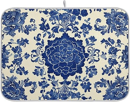 Chinoiserie Blue White Pattern Microfiber Dish Drying Mat Absorbent Draining Mat Large Dish Drying Pads for Kitchen Counter, 18" x 24"