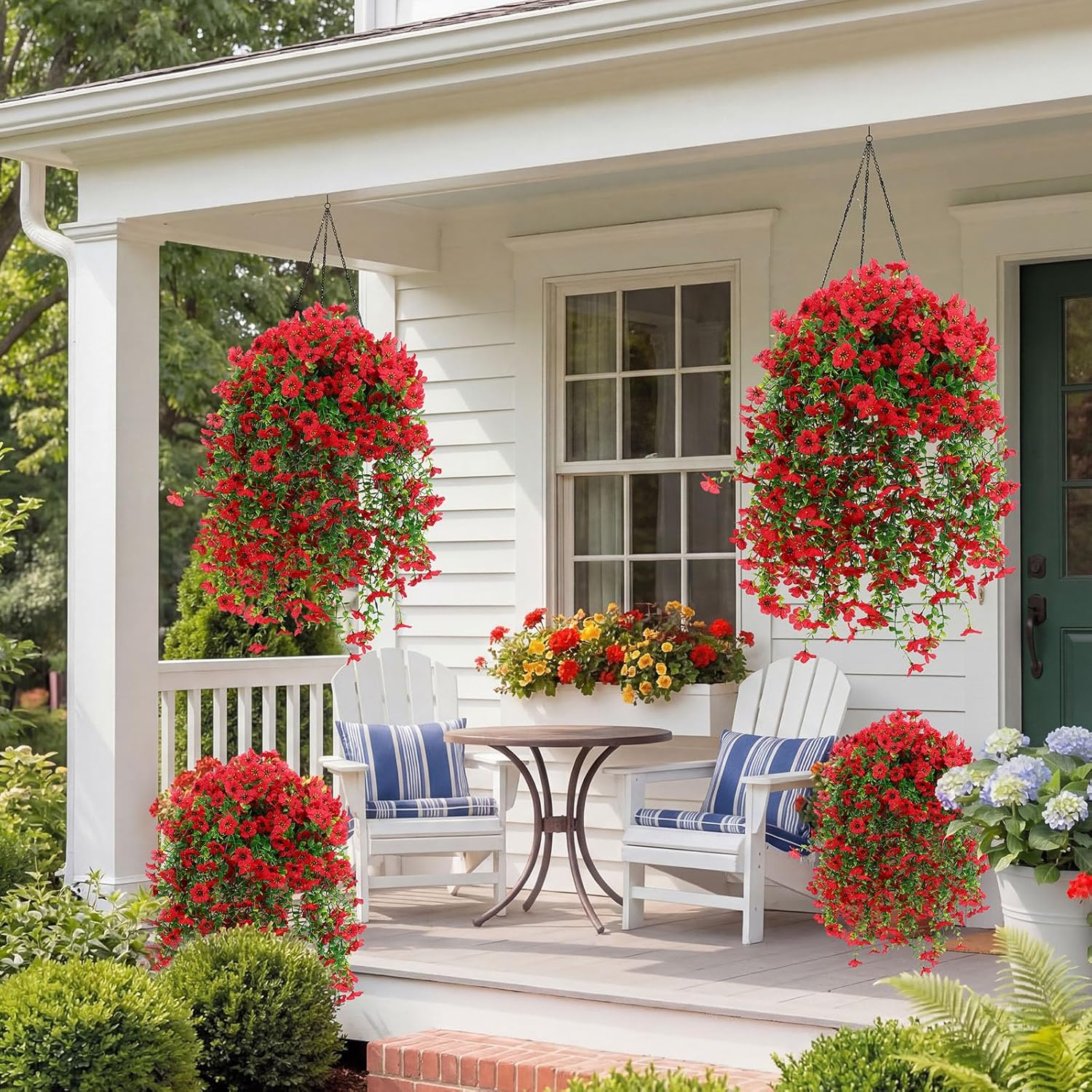 Suncalla 4 Pcs Artificial Hanging Flowers for Outdoor Planter, 156 Branches Trailing Faux Potted Plants Fake Floral, UV & Fading Resistant, for Wedding Patio Spring Summer Decor (Red)