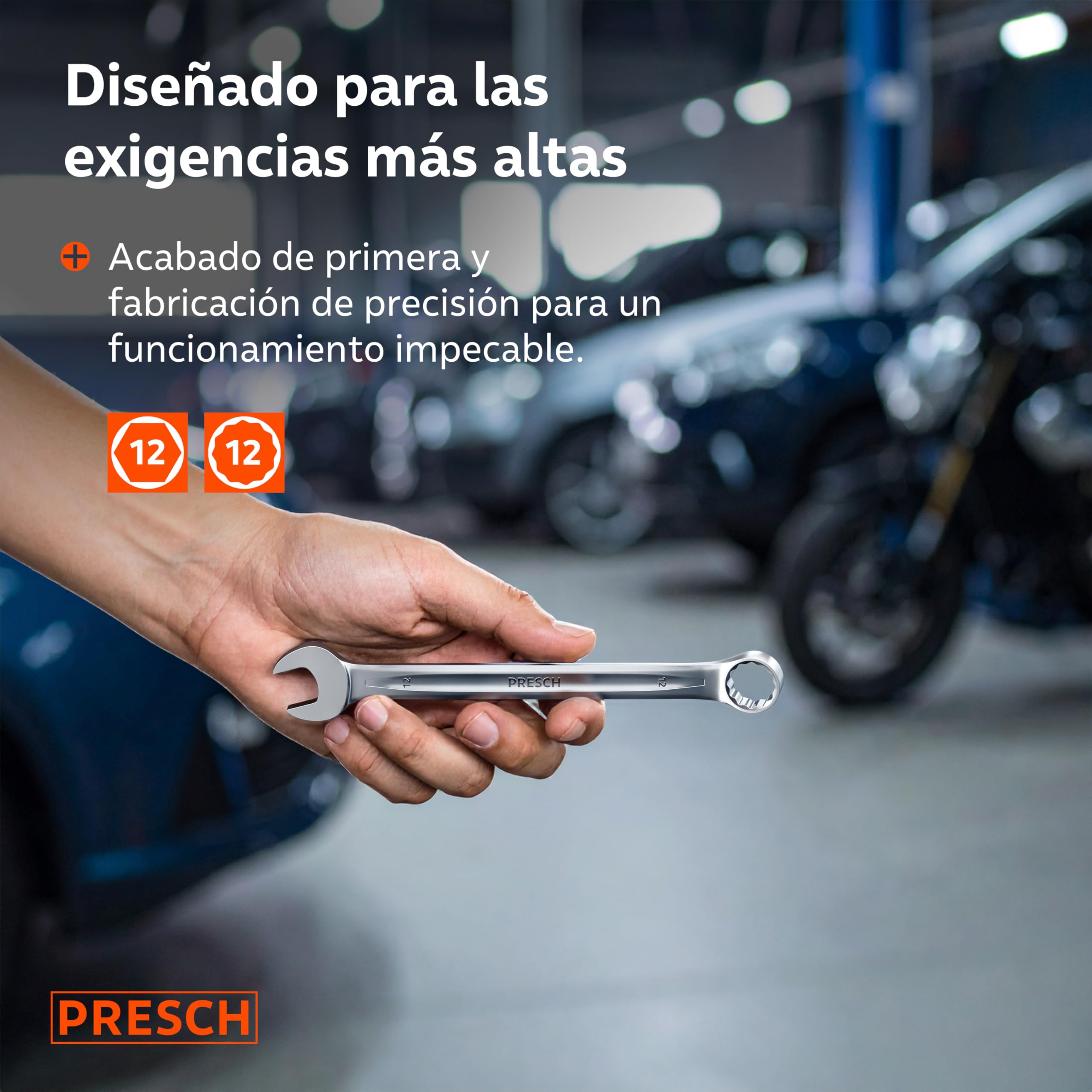 PRESCH Llave combinada 12mm - Llave fija con precisión y extremadamente robusta - Extremo de boca inclinado 15° para trabajos en espacios reducidos