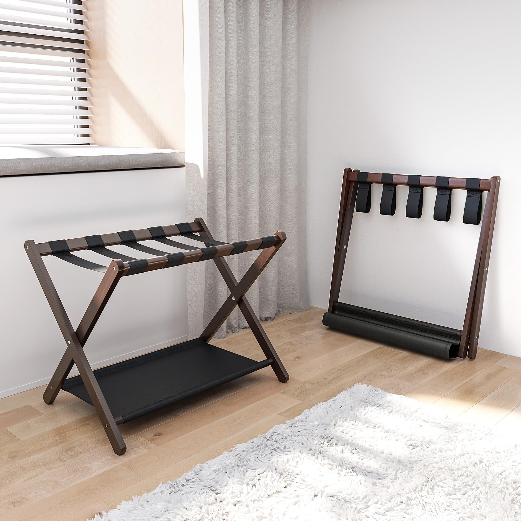 Semiocthome Brown Bamboo Luggage Rack, Portable Suitcase Stand with Shelf, Ideal for Guest Room, Bedroom, Hotel