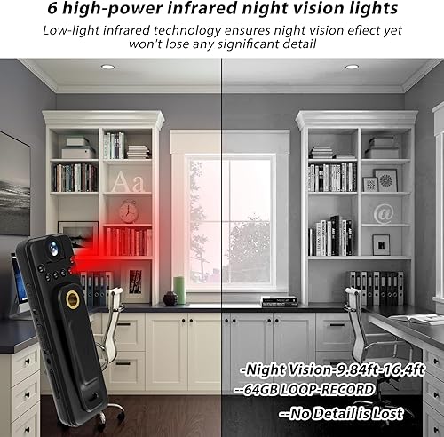 Miniatura 3 de Muayb Mini cámara corporal de 64 GB con audio y video, clip magnético con cordón, visión nocturna, grabación en bucle, clip trasero portátil para