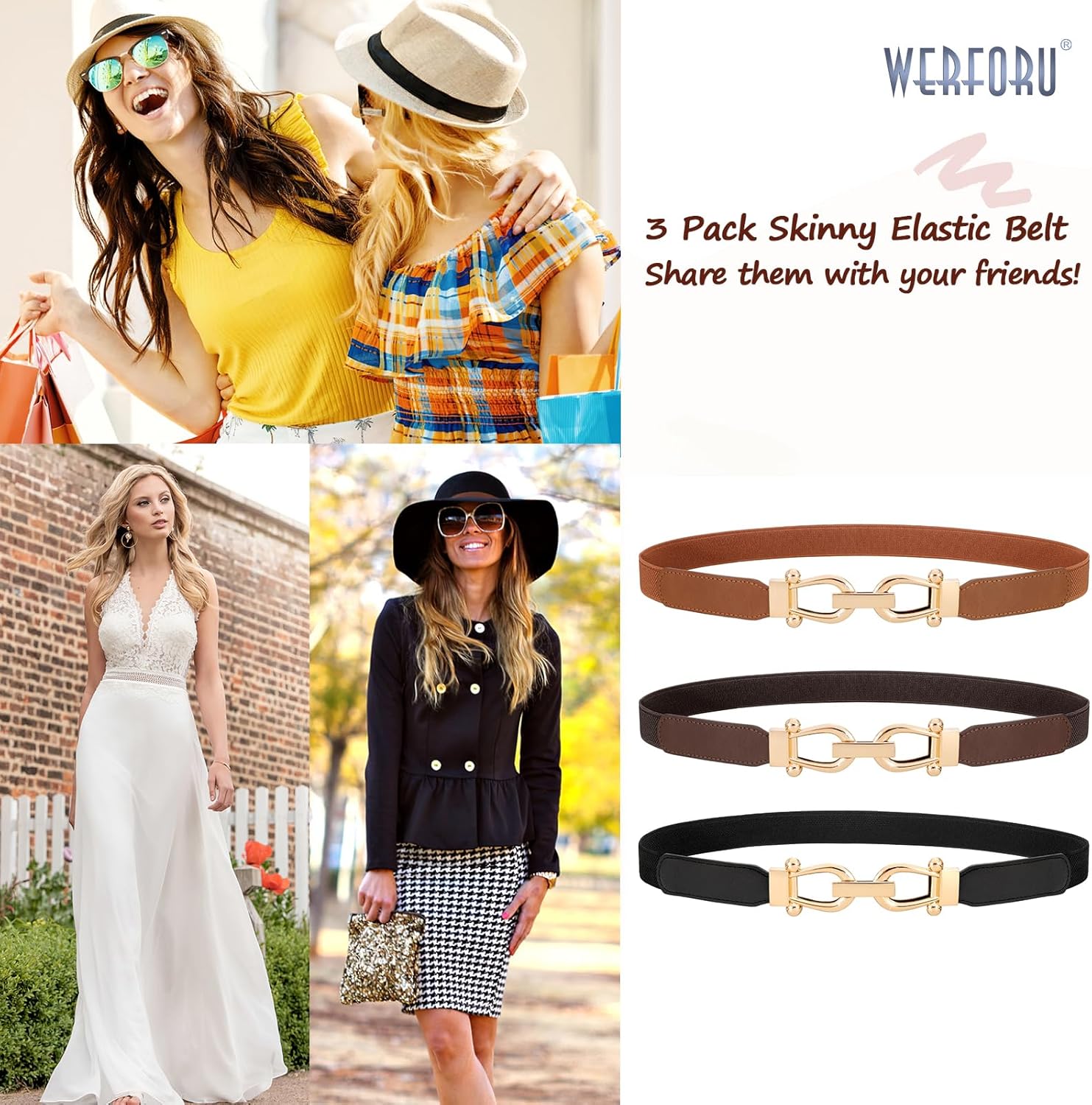 WERFORU 3 Pack Women Skinny Elastic Waist Belt Gold Buckle Stretchy Thin Belt for Jeans Dress - Image 5