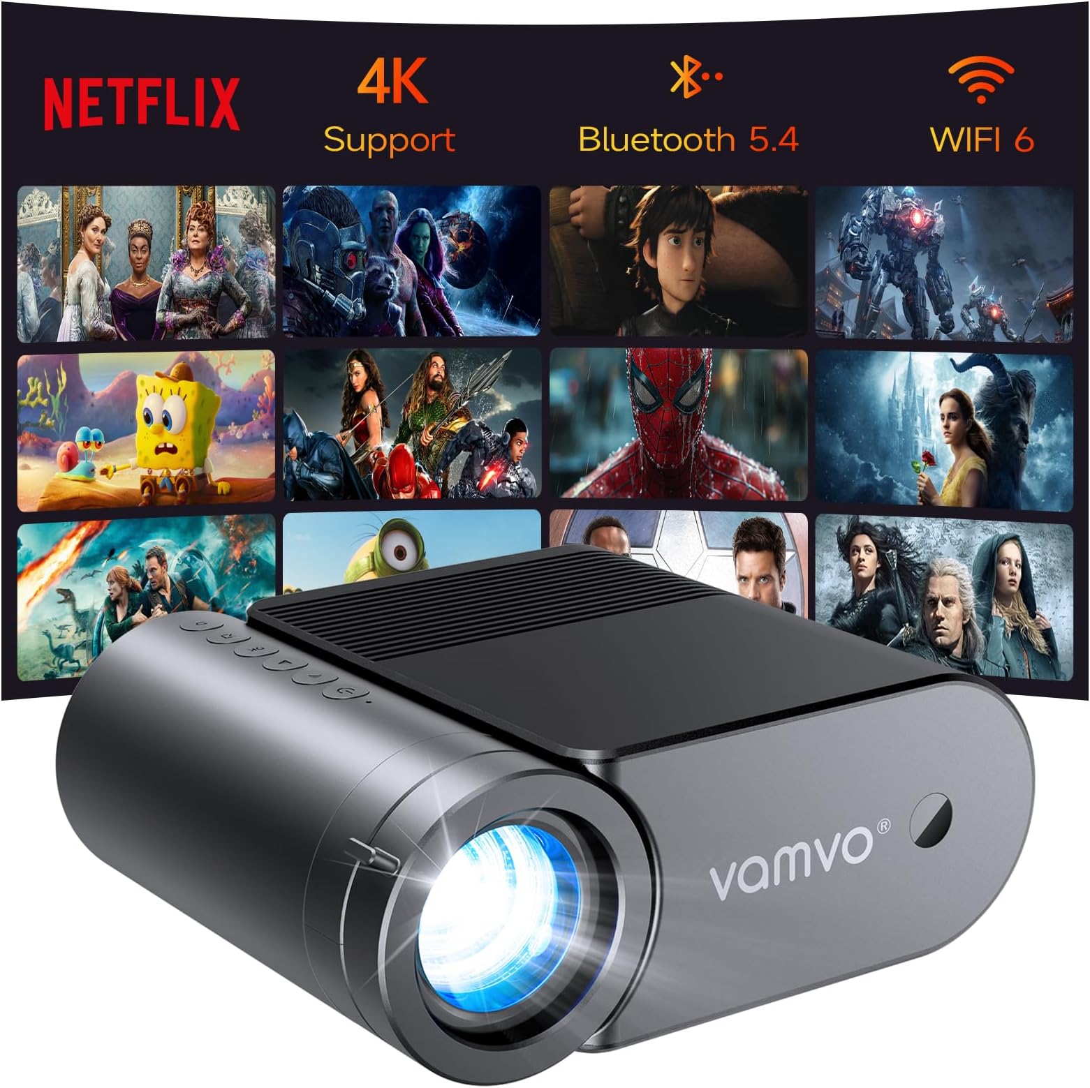 Home Projector with WiFi and Bluetooth, Native 1080P Mini Movie Projector, 200 ANSI, Wired Screen Mirroring, HDMI USB Type‑C, Video Projector for Home Theater Indoor & Outdoor Movie