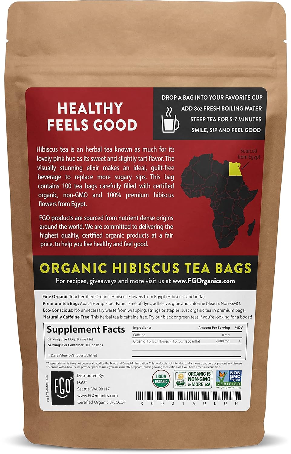 Organic Hibiscus Tea Bags | 100 Tea Bags | Eco-Conscious Tea Bags in Kraft Bag | Raw from Egypt | by FGO : Grocery & Gourmet Food