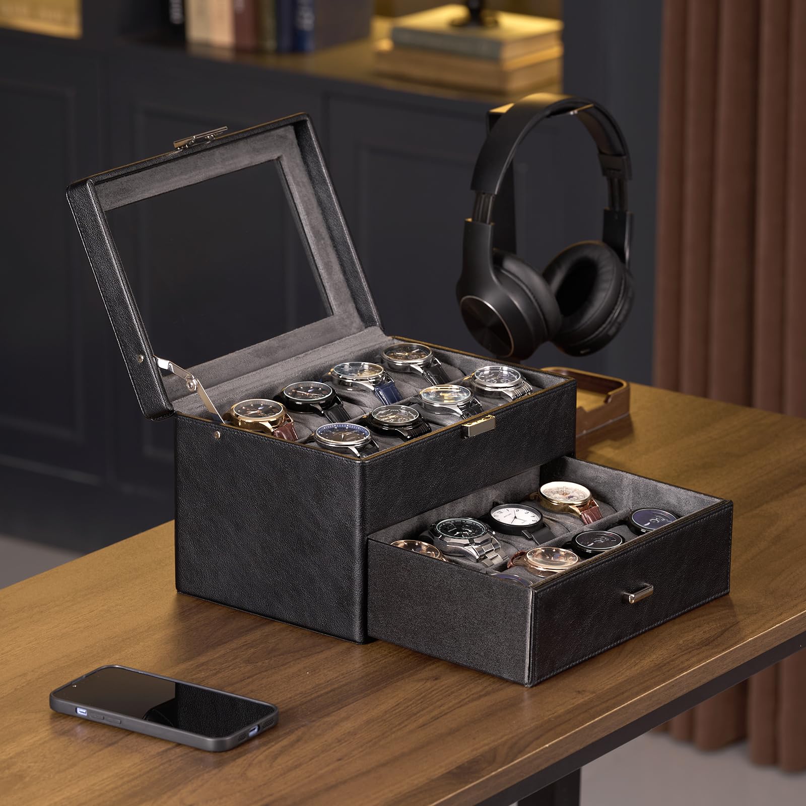 Caja para Relojes para Hombre, Organizador de Joyas con cajón, Estuche de exhibición con Tapa de Cristal - Negro, 16 Ranuras