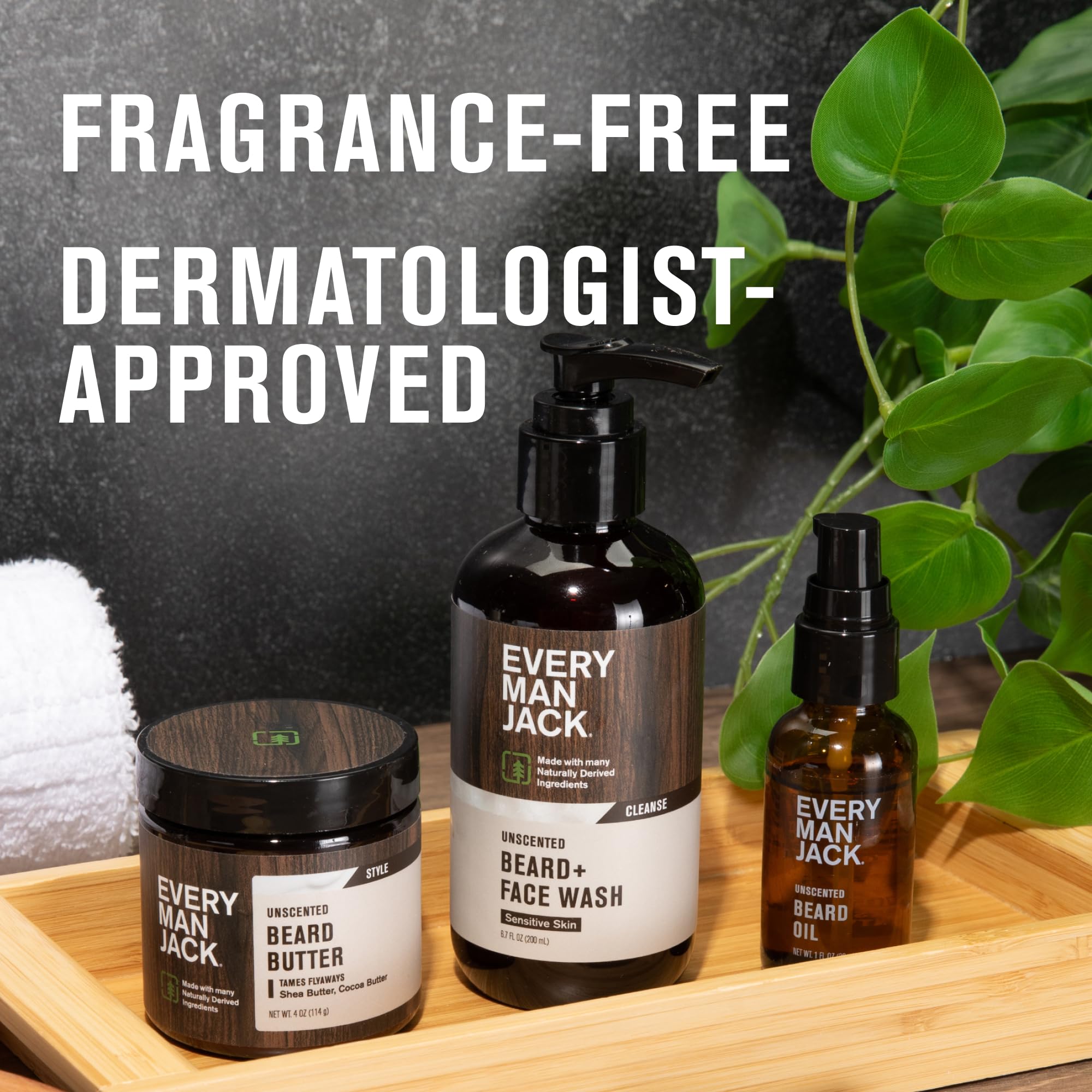 Every Man Jack Unscented Beard Bundle - Fragrance Free for Sensitive Skin - Contains (1) each of Beard & Face Wash, Beard Butter, and Beard Oil