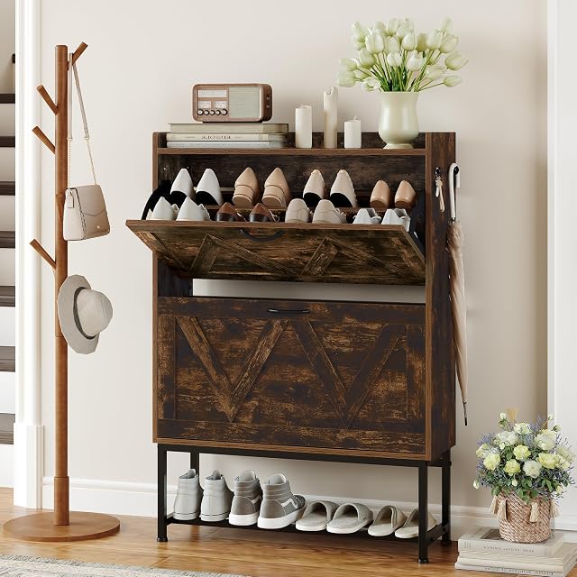 Cozyman Narrow Shoe Storage Cabinet with 2 Flip Drawers & Adjustable Shelf for Entryway, Freestanding Hidden Slim Shoe Organizer Rack, Rustic Brown