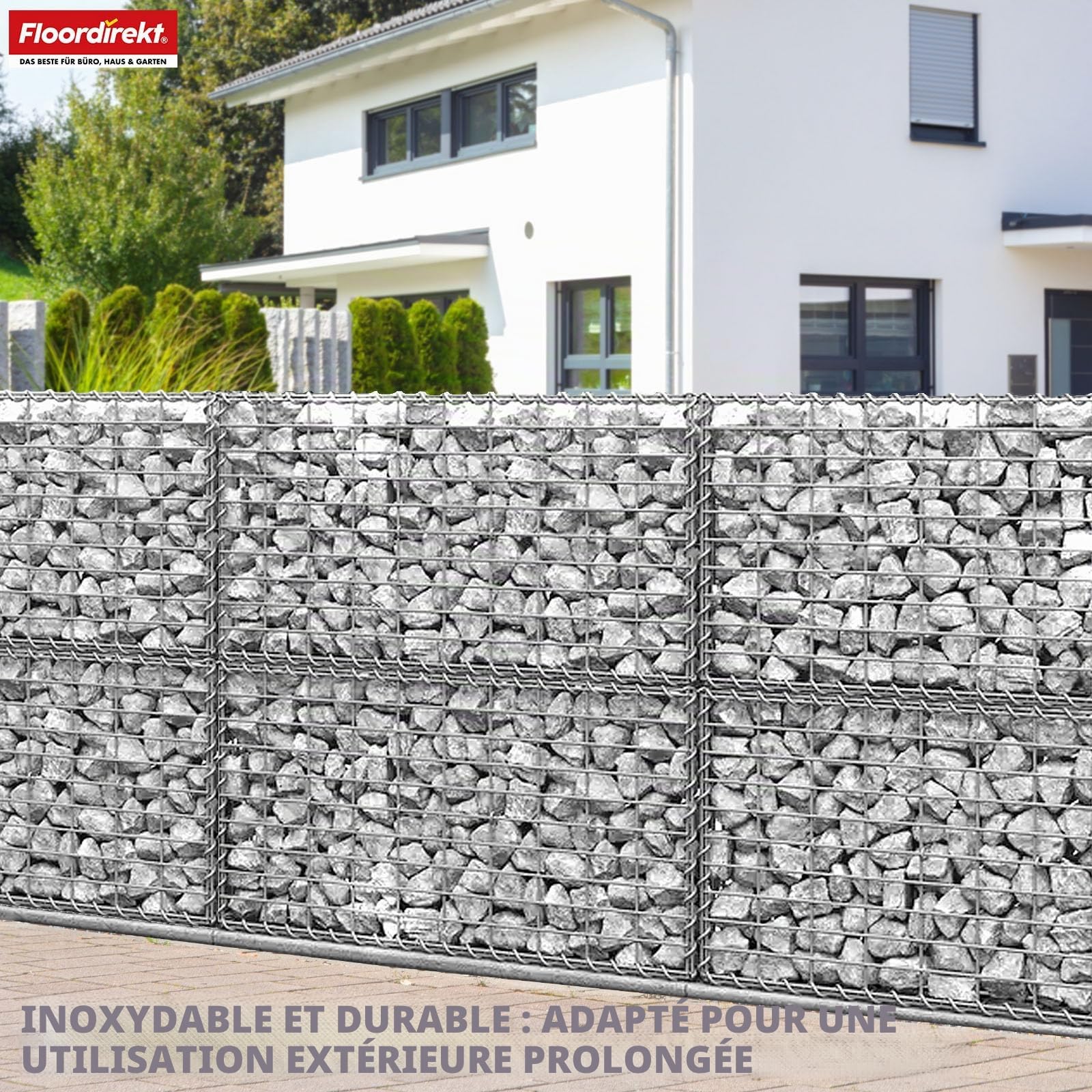 Floordirekt Gabion, panier à pierres en métal, 100x50x30 cm, panier en fil galvanisé avec une maille de 5 x 10 cm, mur de pierres comme clôture de jardin, grille de gabion comme brise-vue, Lenox