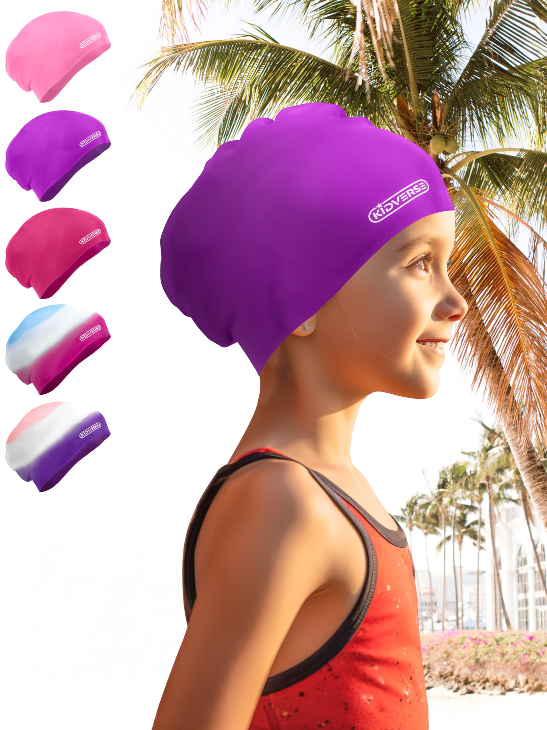 KIDVERSE Badekappe Kinder wasserdicht - Schwimmhaube Kinder mit Anti-Rutsch-Noppen - Badekappen für Schwimmer mit UV Schutz - Schwimmhaube Mädchen - Reißfeste Badehauben in verschiedenen Größen