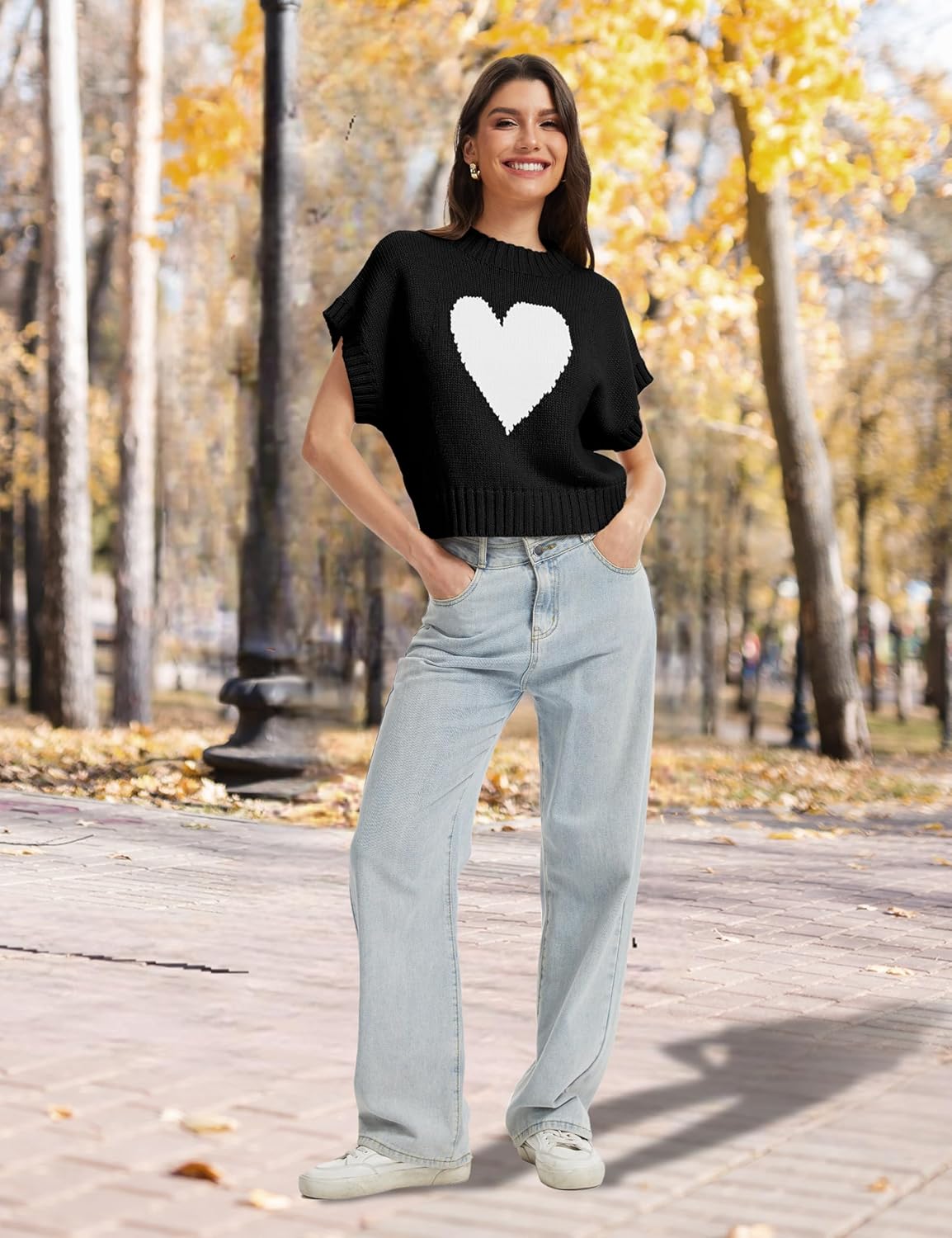 Womens Sweater Vest Mock Neck Cap Sleeve Sweater Tank Tops Cute Heart Knit Cropped Pullover Top - Image 6