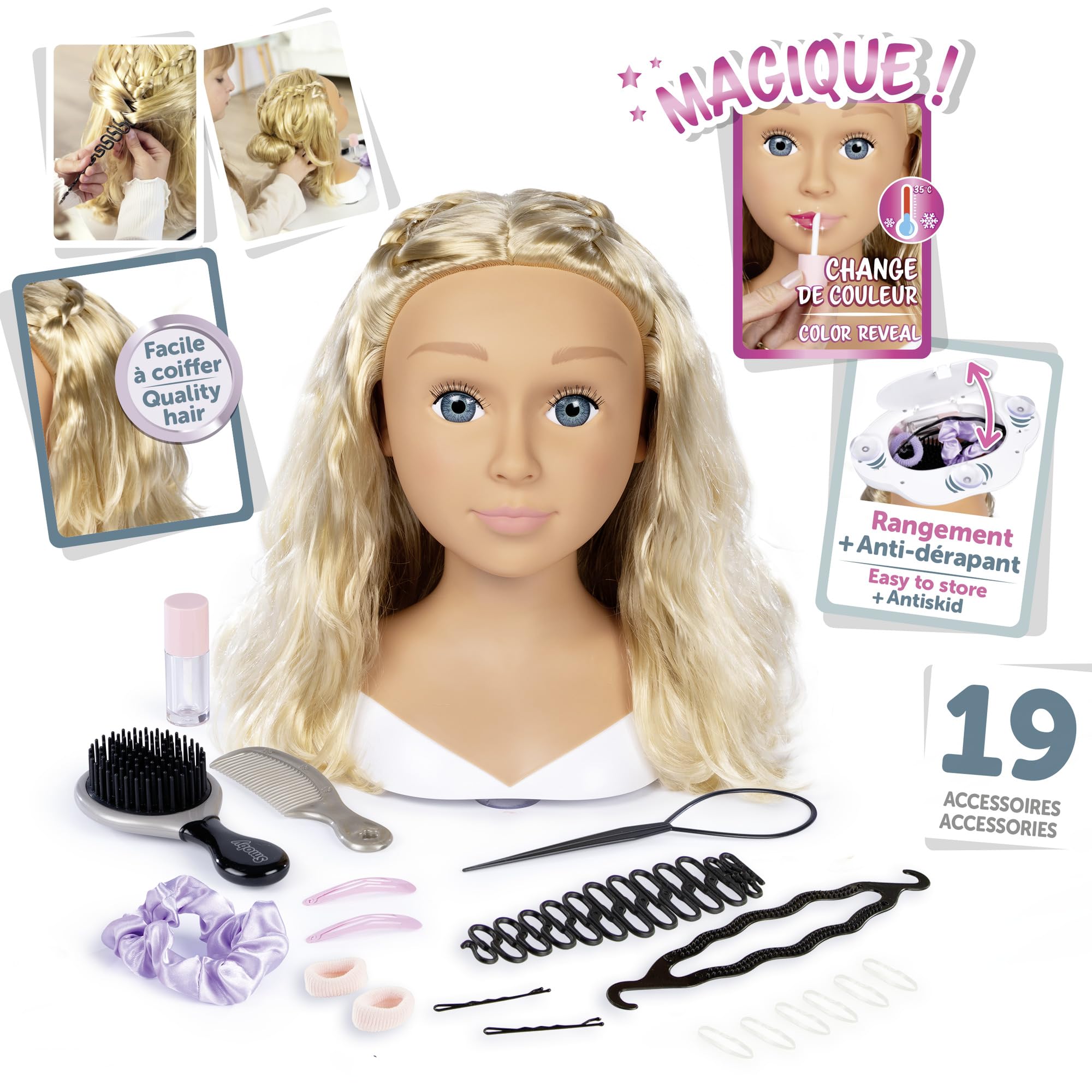 Smoby My Beauty Głowica do stylizacji włosów blond zabawka dla dzieci 19 akcesoriów termoczuły makijaż od 3 lat