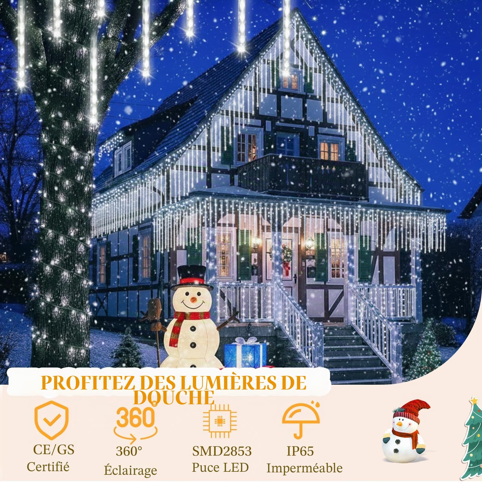 Guirlande Lumineuse Exterieure Noel, 24 Tubes Lumières de Pluie de Météores, 30 cm 576 LED, Étanche IP65, éclairage de Noël pour Balcon, Avant-Toit, Toit, Blanc (3 Jeux de 8 Tubes)