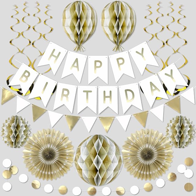 Premium Reusable Party Decorations - Birthday Decoration Set - Happy Birthday Banner, Birthday Bunting - Party Supplies - White and Gold Birthday Decorations for Men Women 18th 30th 40th 50th