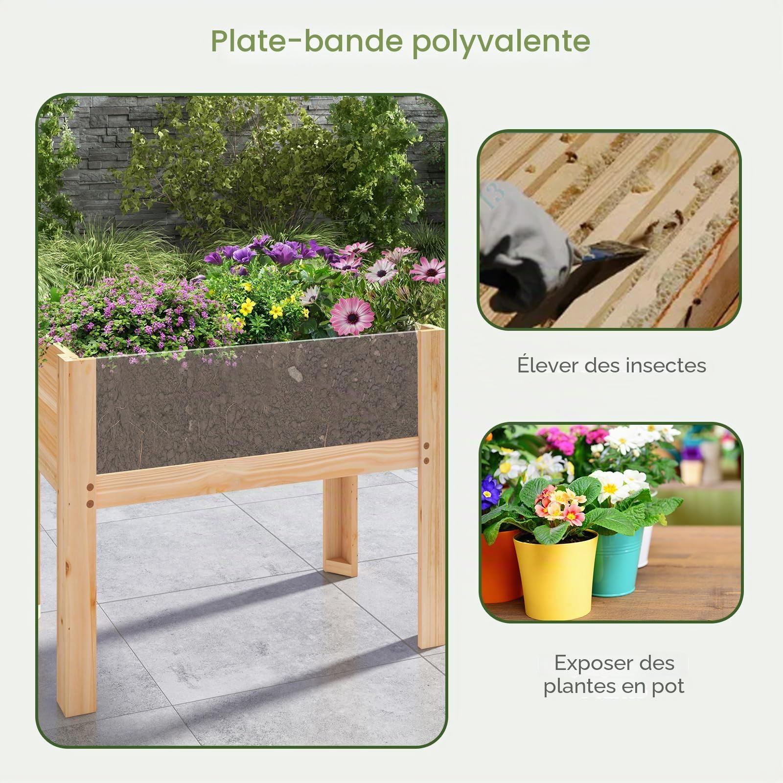 HOMASIS Carré Potager sur Pied en Bois de Sapin, Parterre de Fleurs Surélevée d'Extérieur avec Plaque Acrylique & 2 Trous d'échappement, Jardinière Surélevée pour Balcon, Jardin, 100 x 59 x 77 cm
