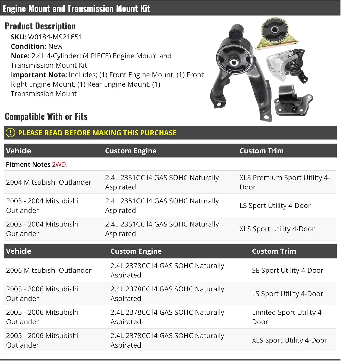 Engine Mount and Transmission Mount Kit - Compatible with 2003-2006 Mitsubishi Outlander 2.4L 4-Cylinder 2WD